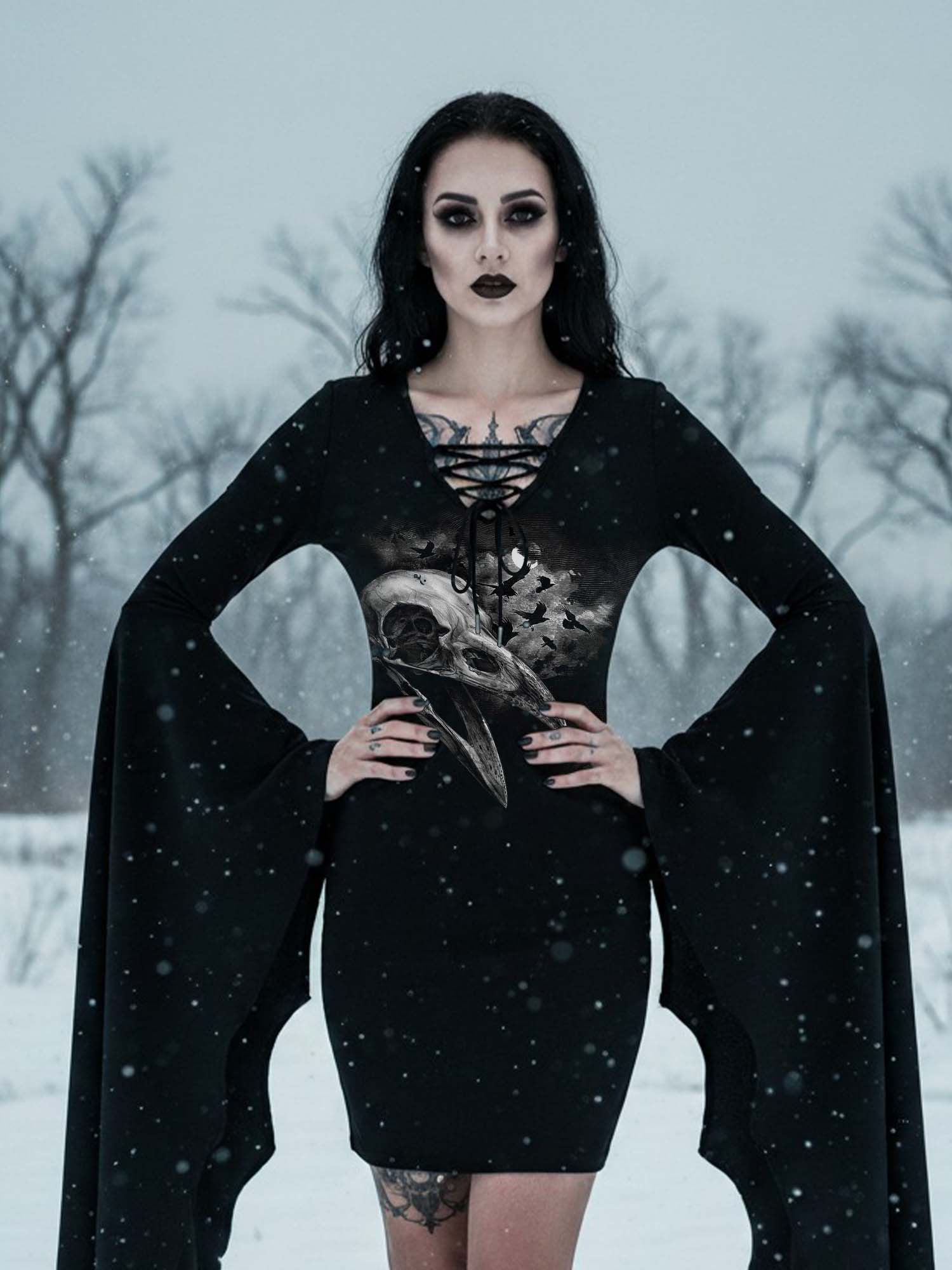 Midnight Crow Print Batwing Dress