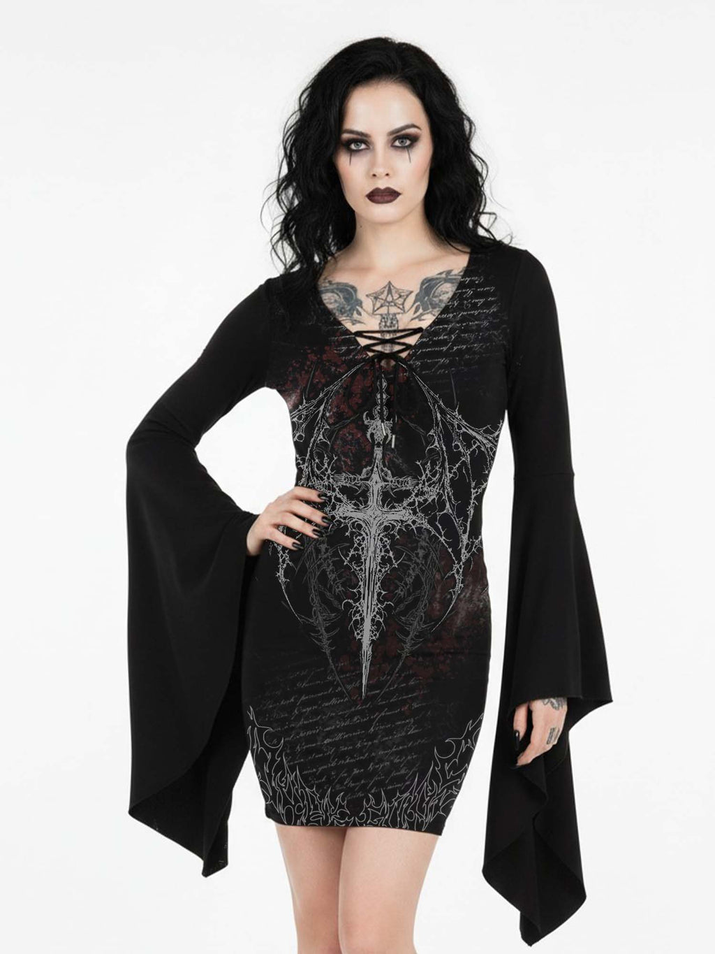 Devil's Cross Print Batwing Dress