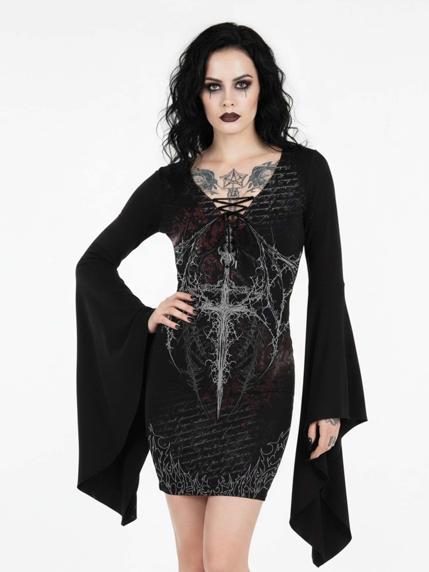 Devil's Cross Print Batwing Dress