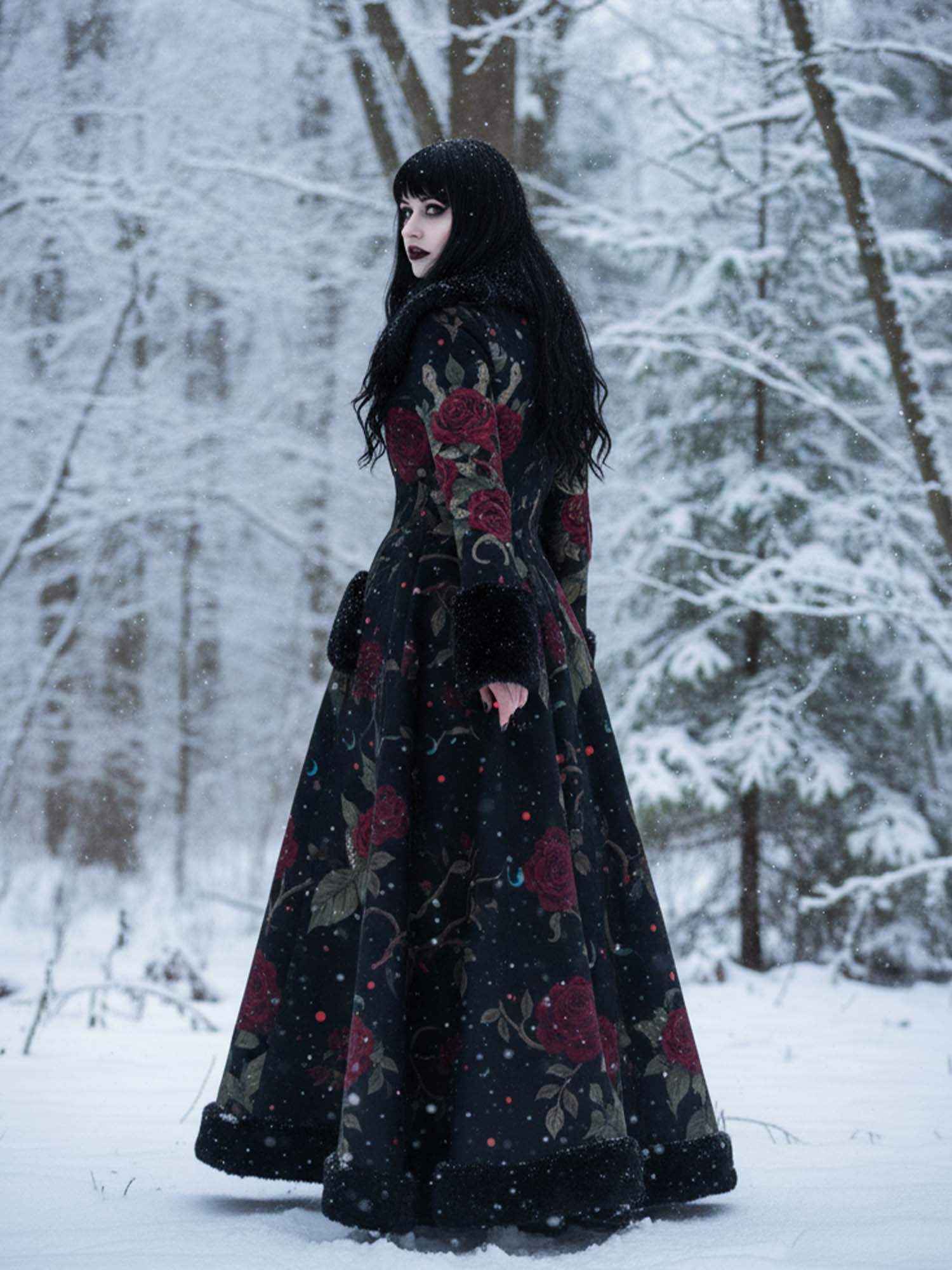 Vintage Floral And Snake Print Gothic Vintage Fur Collar Single-Breasted Lace-Up Coat