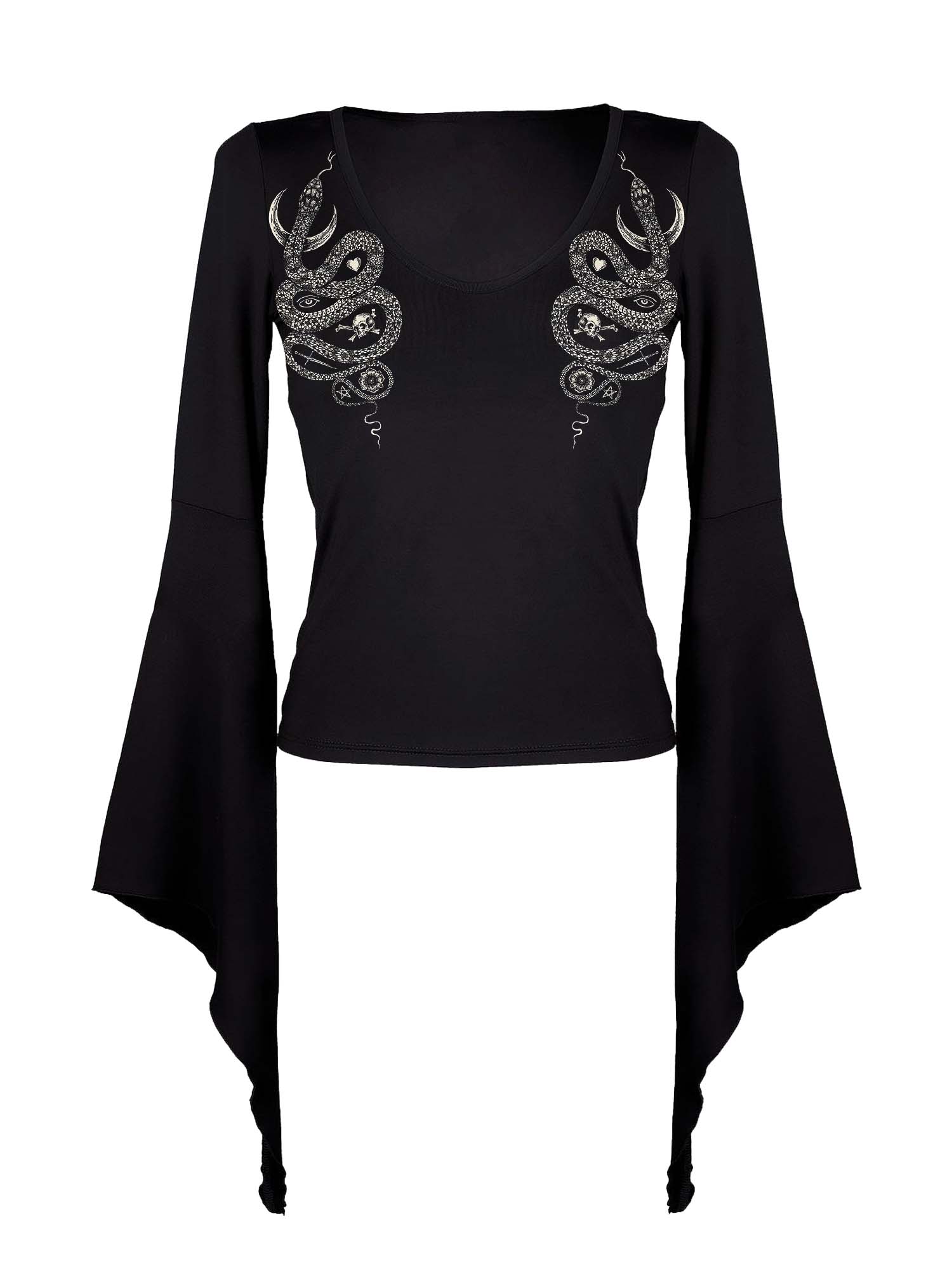 Fledermausärmel-Shirt mit Totenkopf-Mond- und Schlangenmuster