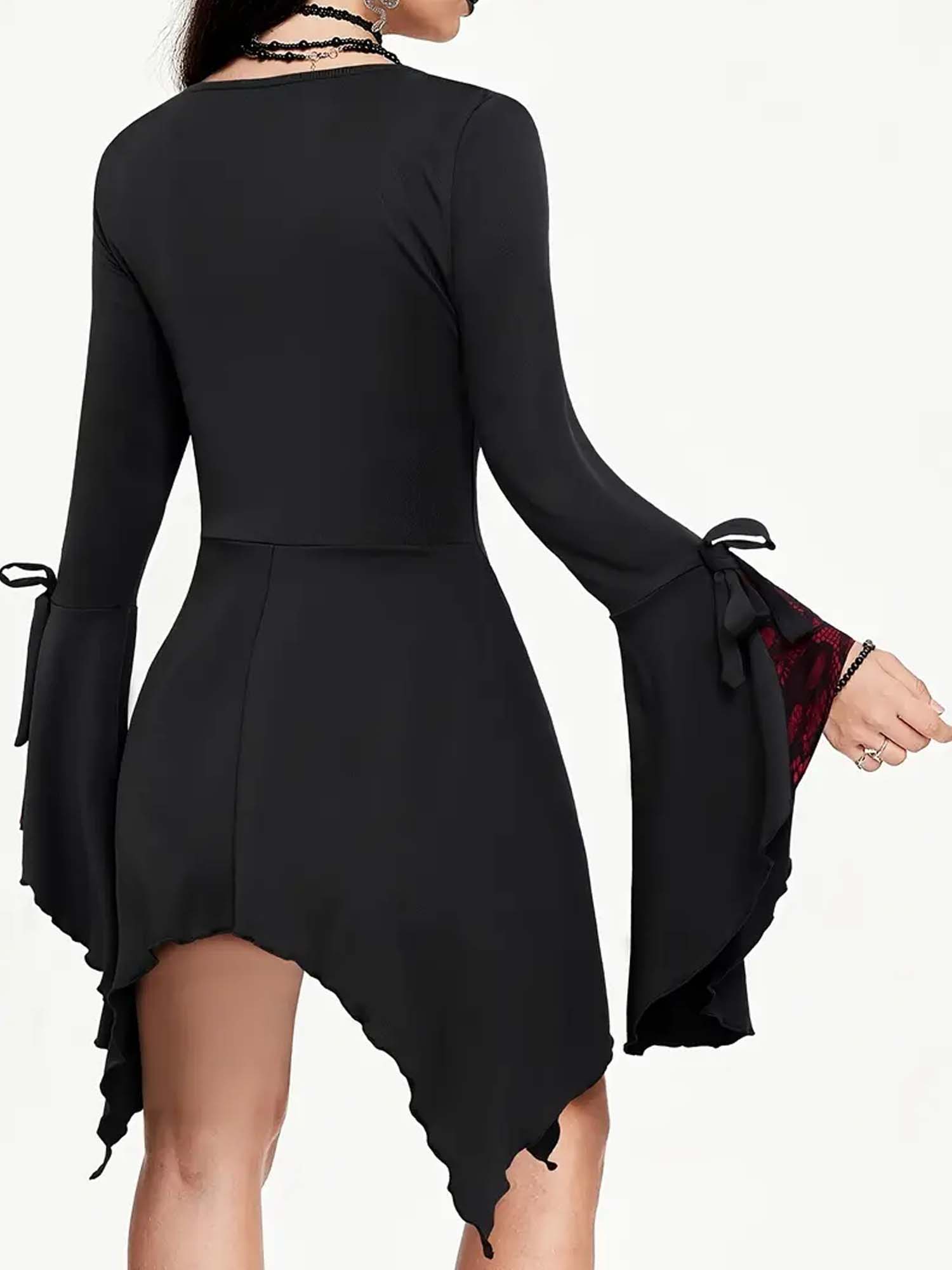 Halloween Lace Skull-Print Strappy Button-Up Bell-Sleeve Mini Dress