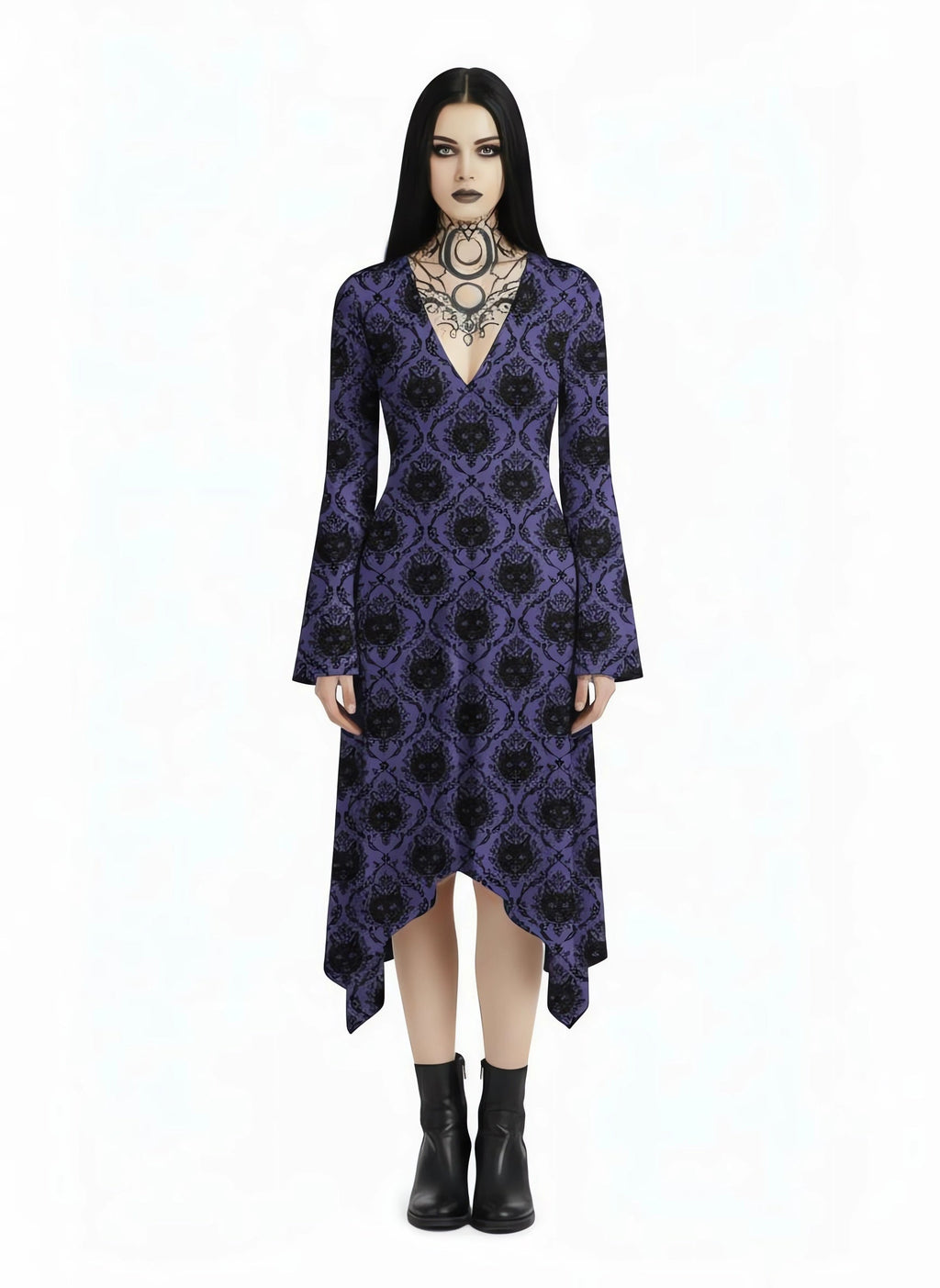 Gothic Cat Print Midi Moonveil Dress
