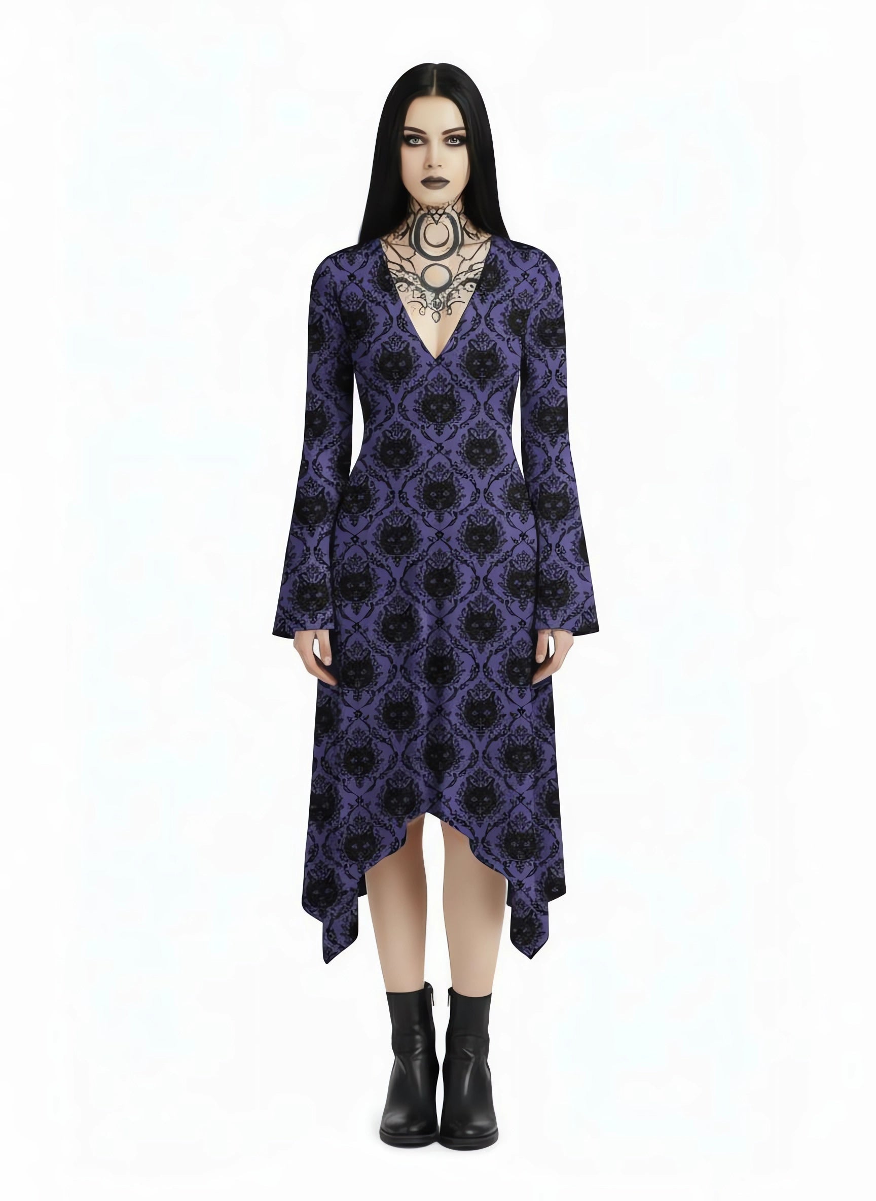 Gothic Cat Print Midi Moonveil Dress