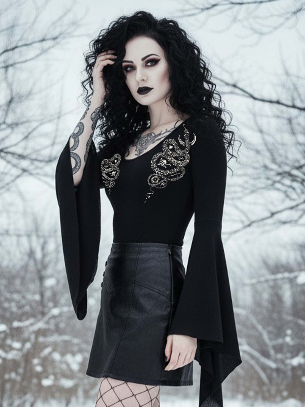 Skull Moon And Snake Print Batwing Shirt