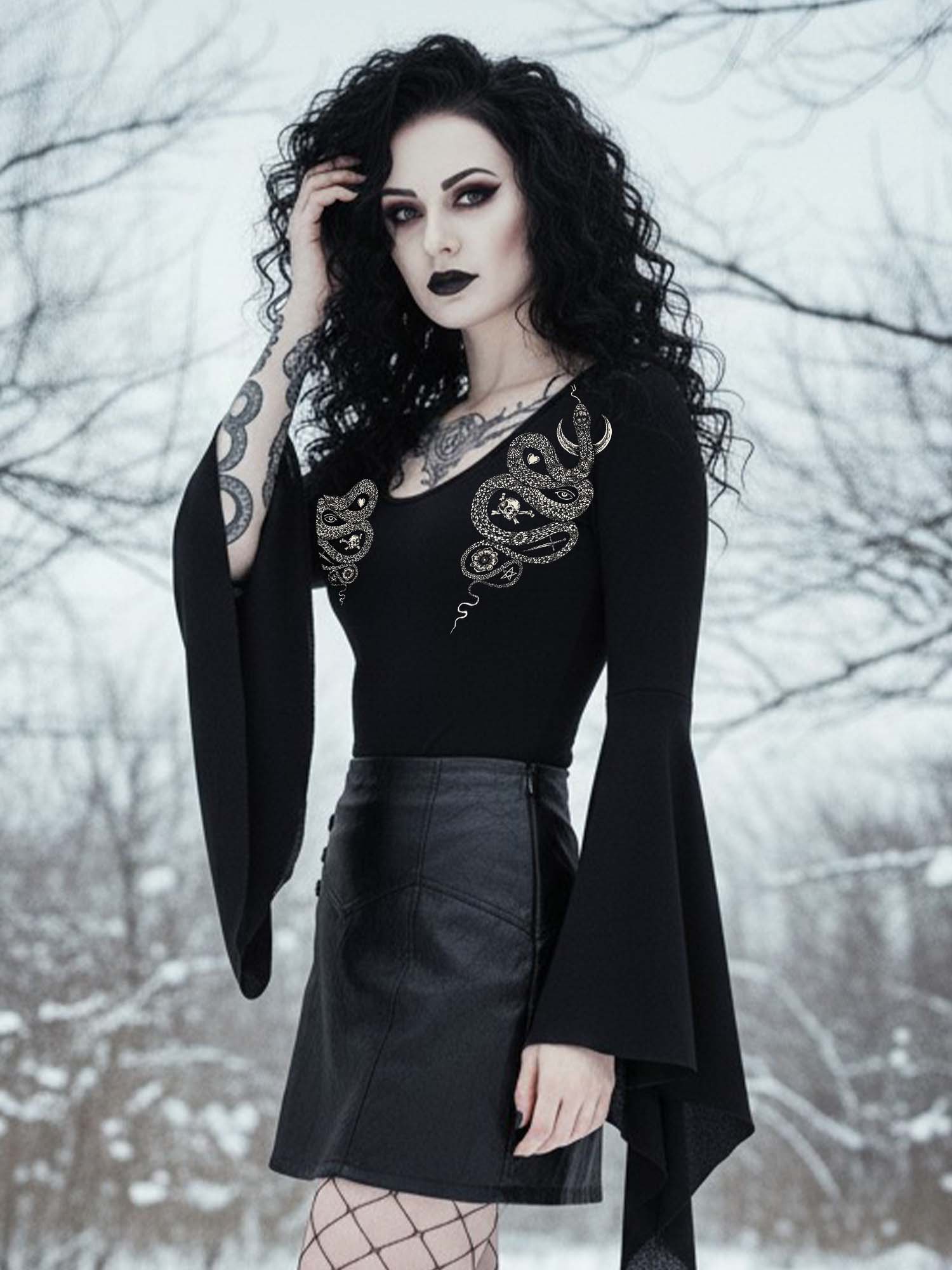 Skull Moon And Snake Print Batwing Shirt