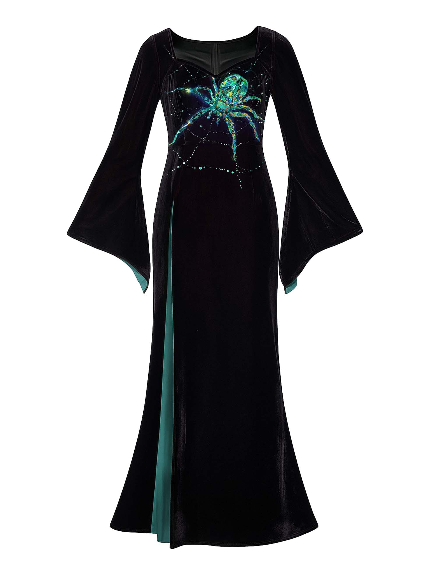 Maxikleid mit Fledermausärmeln und Kristallspinnen-Print