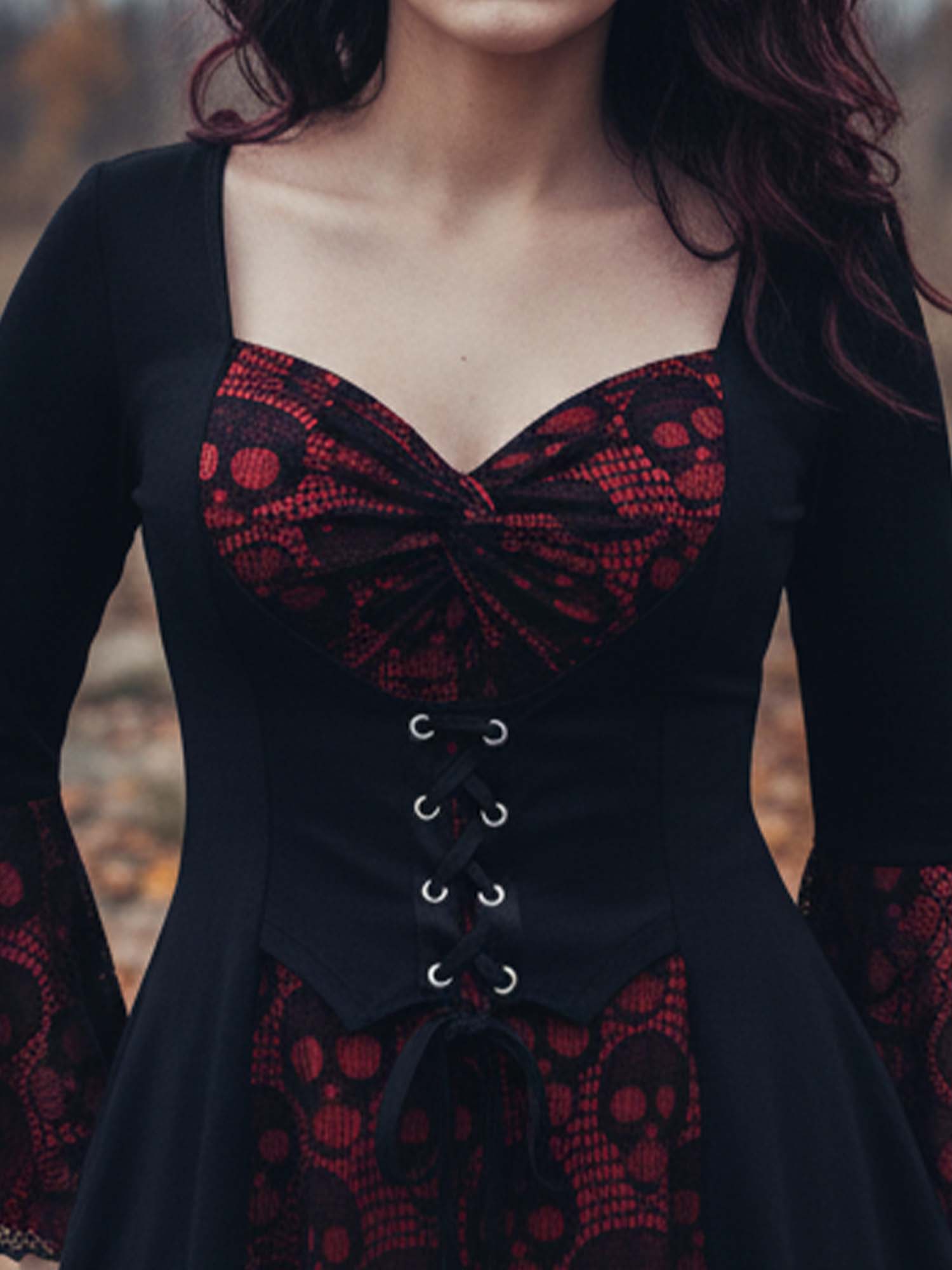 Halloween Lace Skull-Print Strappy Button-Up Bell-Sleeve Mini Dress