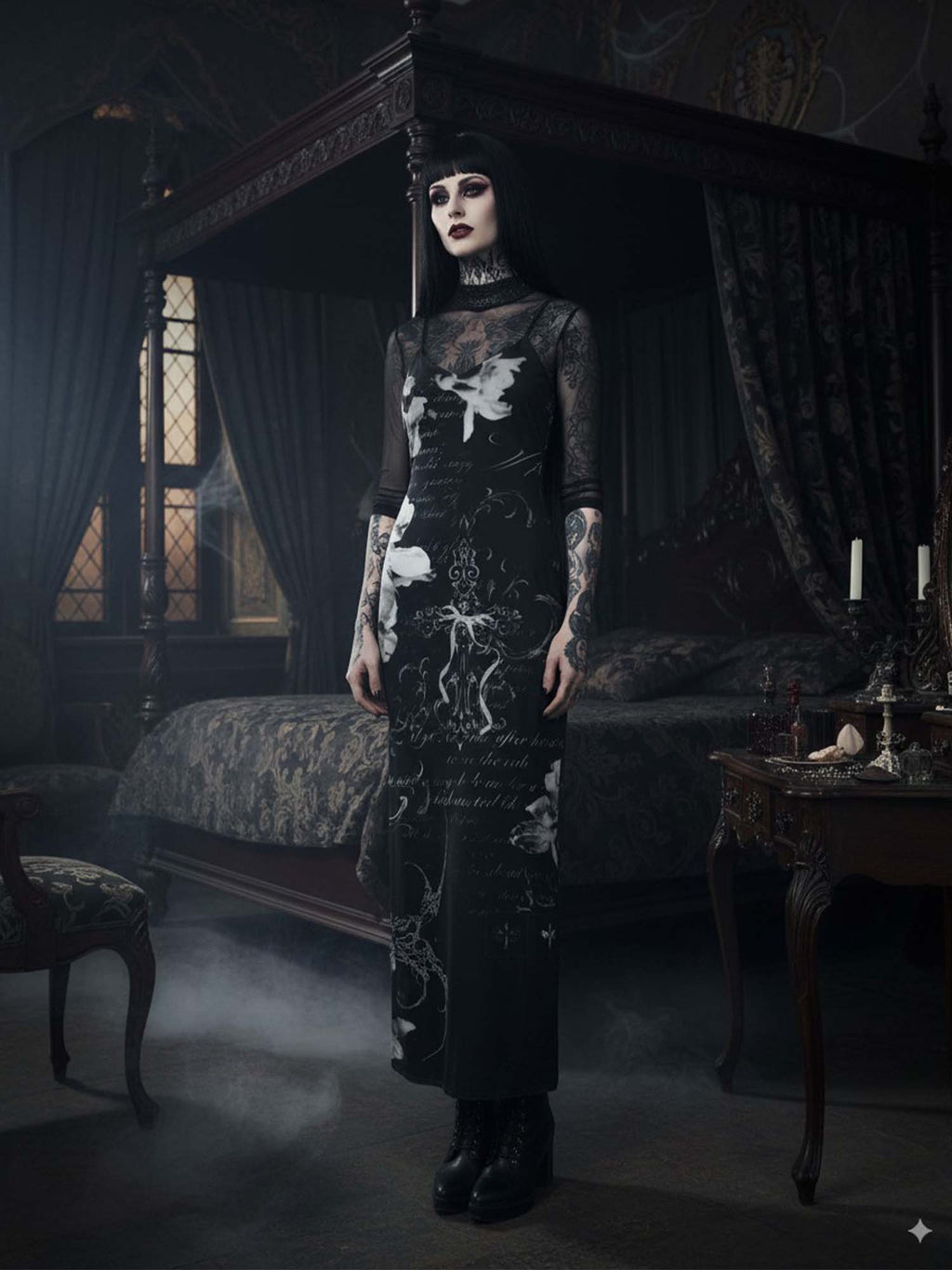 Gothic Cross And Flower Print Maxi Veilbound Dress