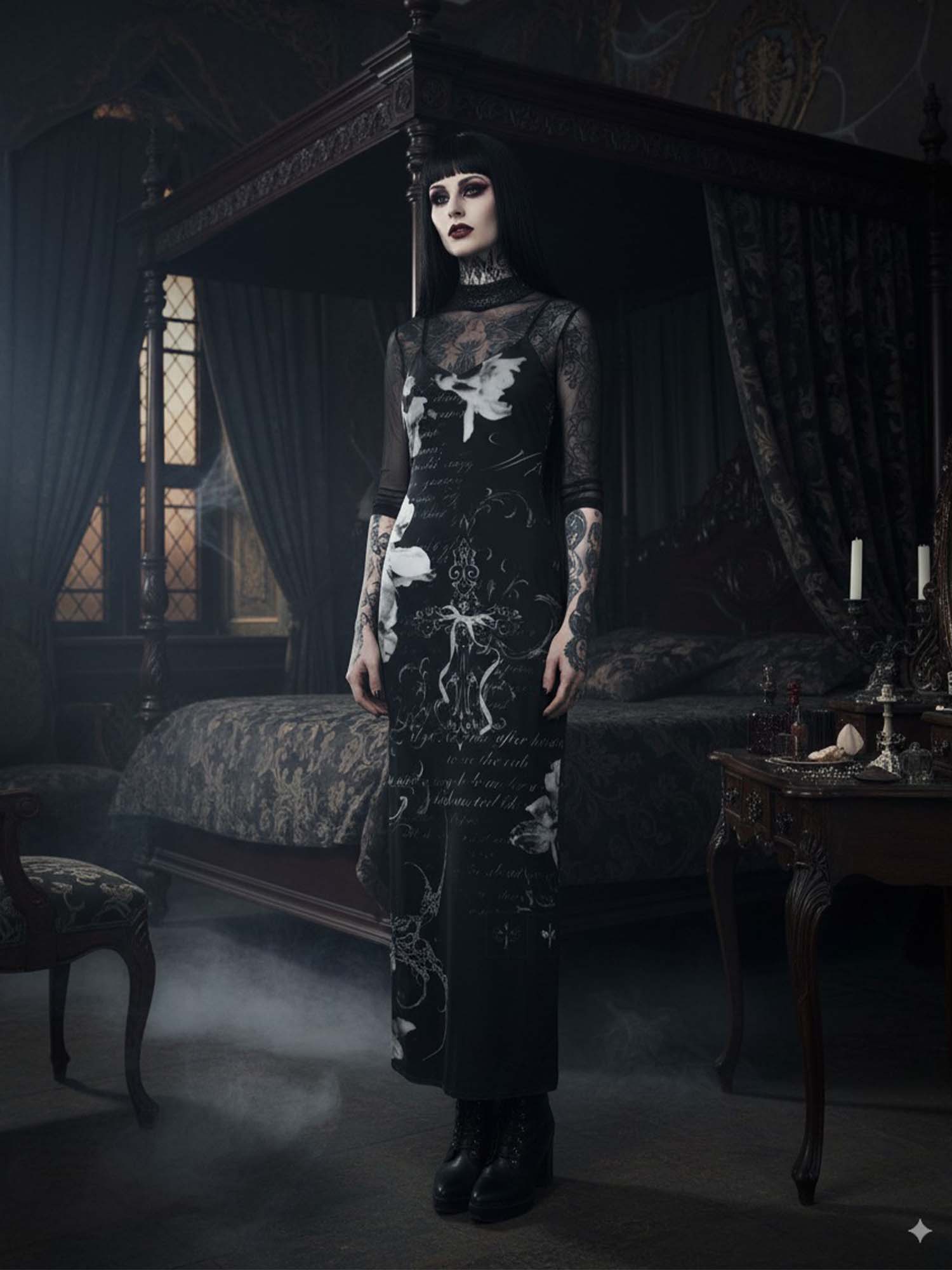 Gothic Cross And Flower Print Maxi Veilbound Dress