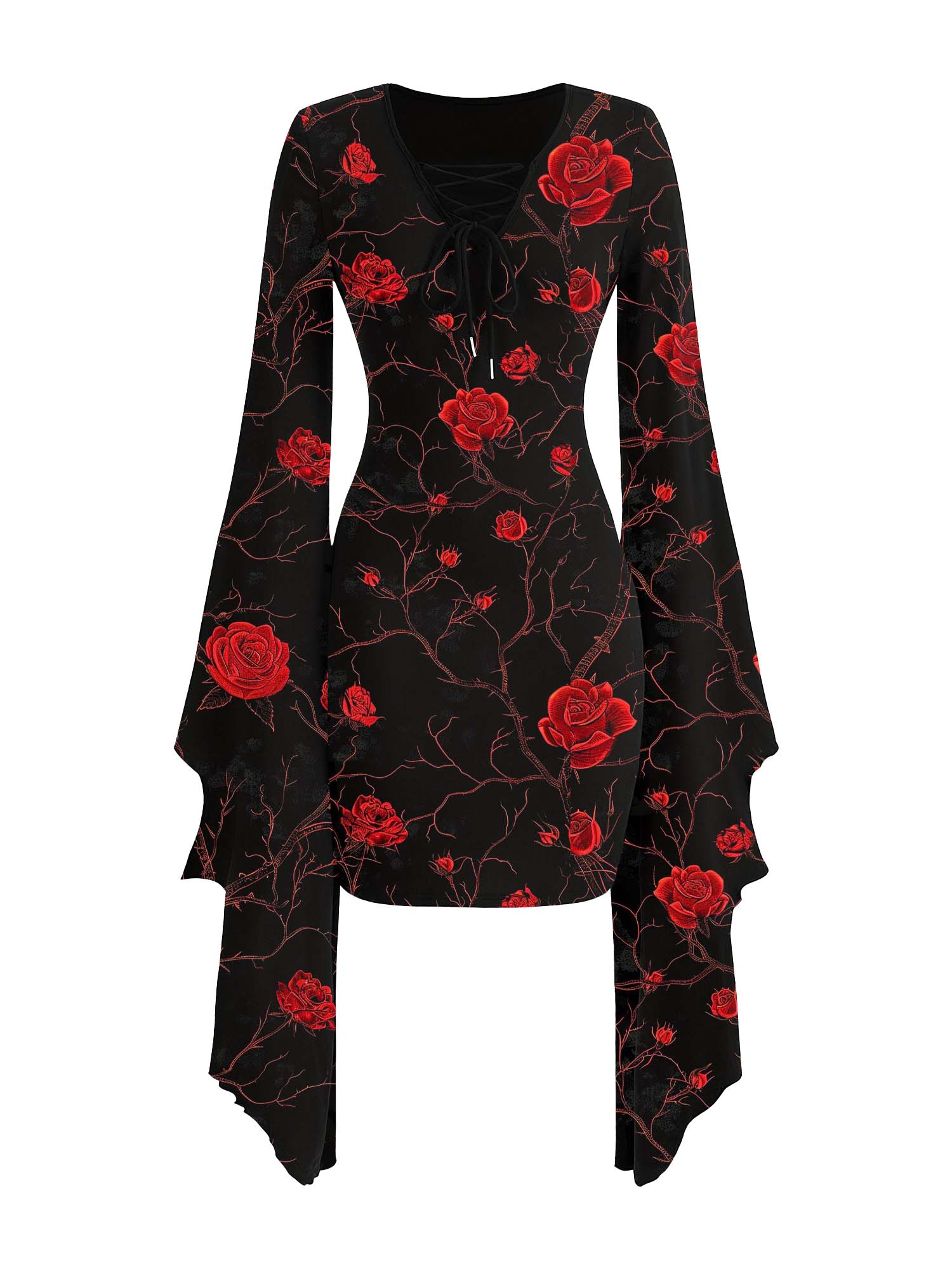 Rotes Fledermauskleid mit Rosenmuster