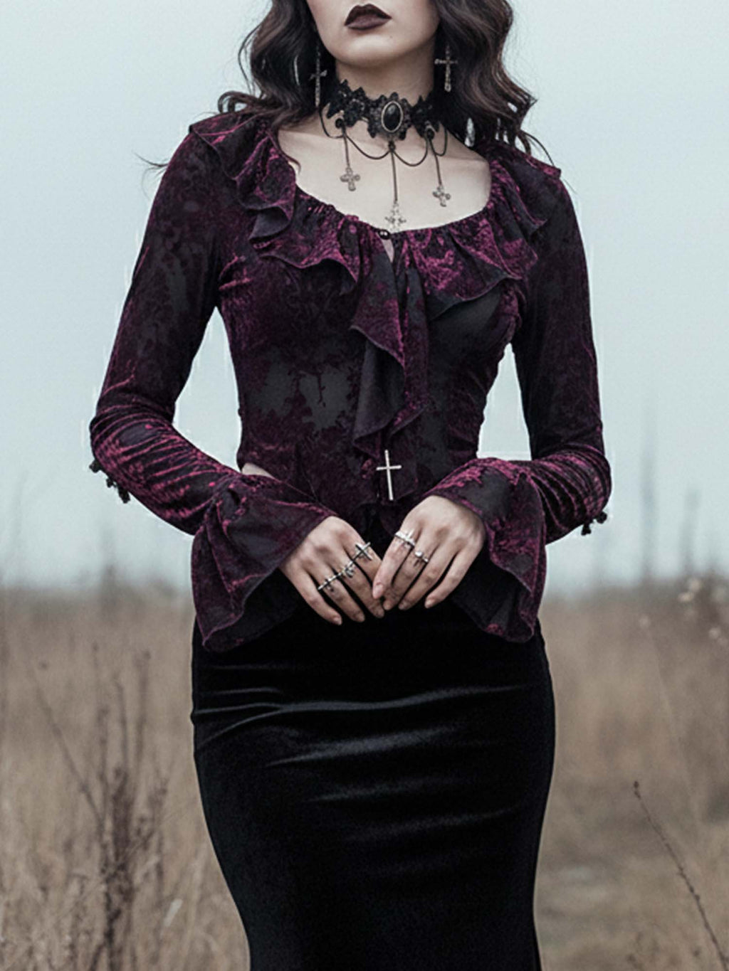 Gothic Ruffled V-Neck Long-Sleeved Top
