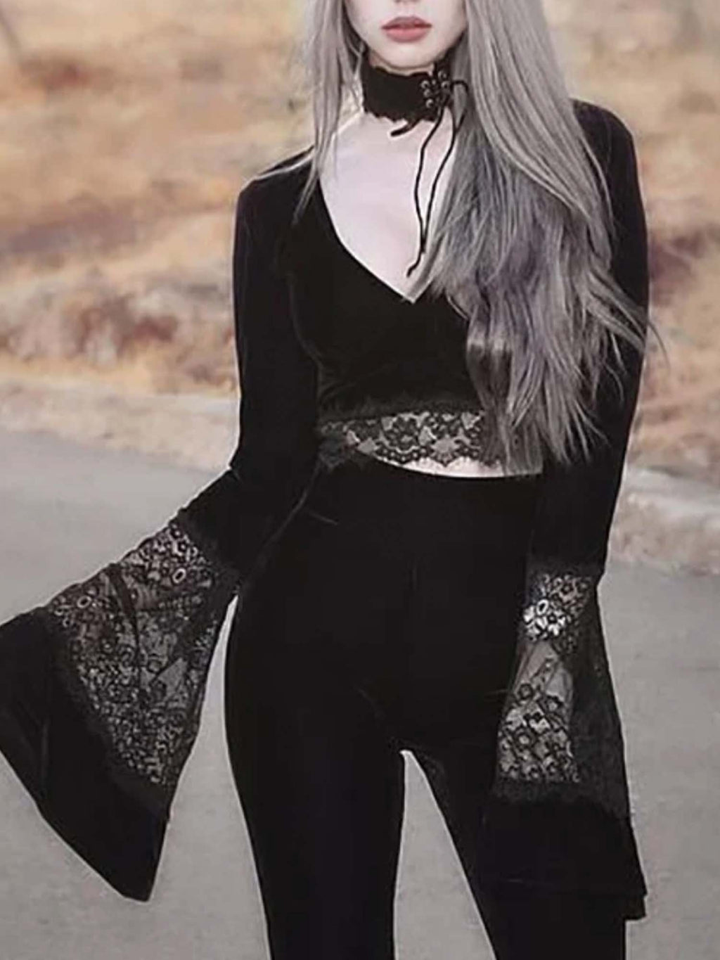 V-Neck Dark Lace Paneled Flared Sleeve Top