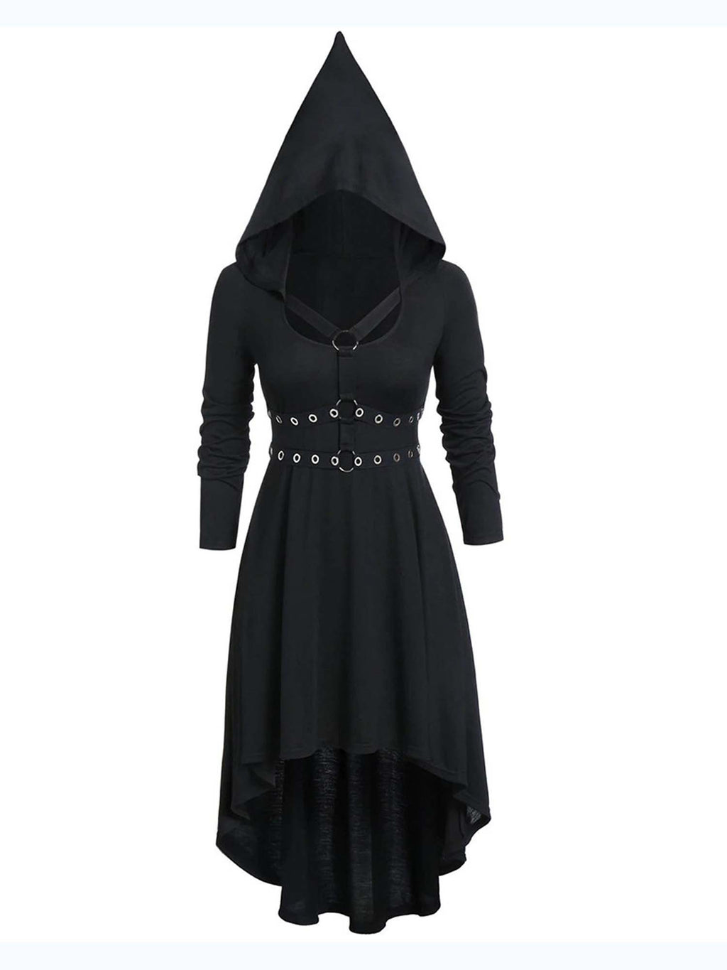 Dark Pointed Hat Eyelet Cross Strap Long Sleeve Dress