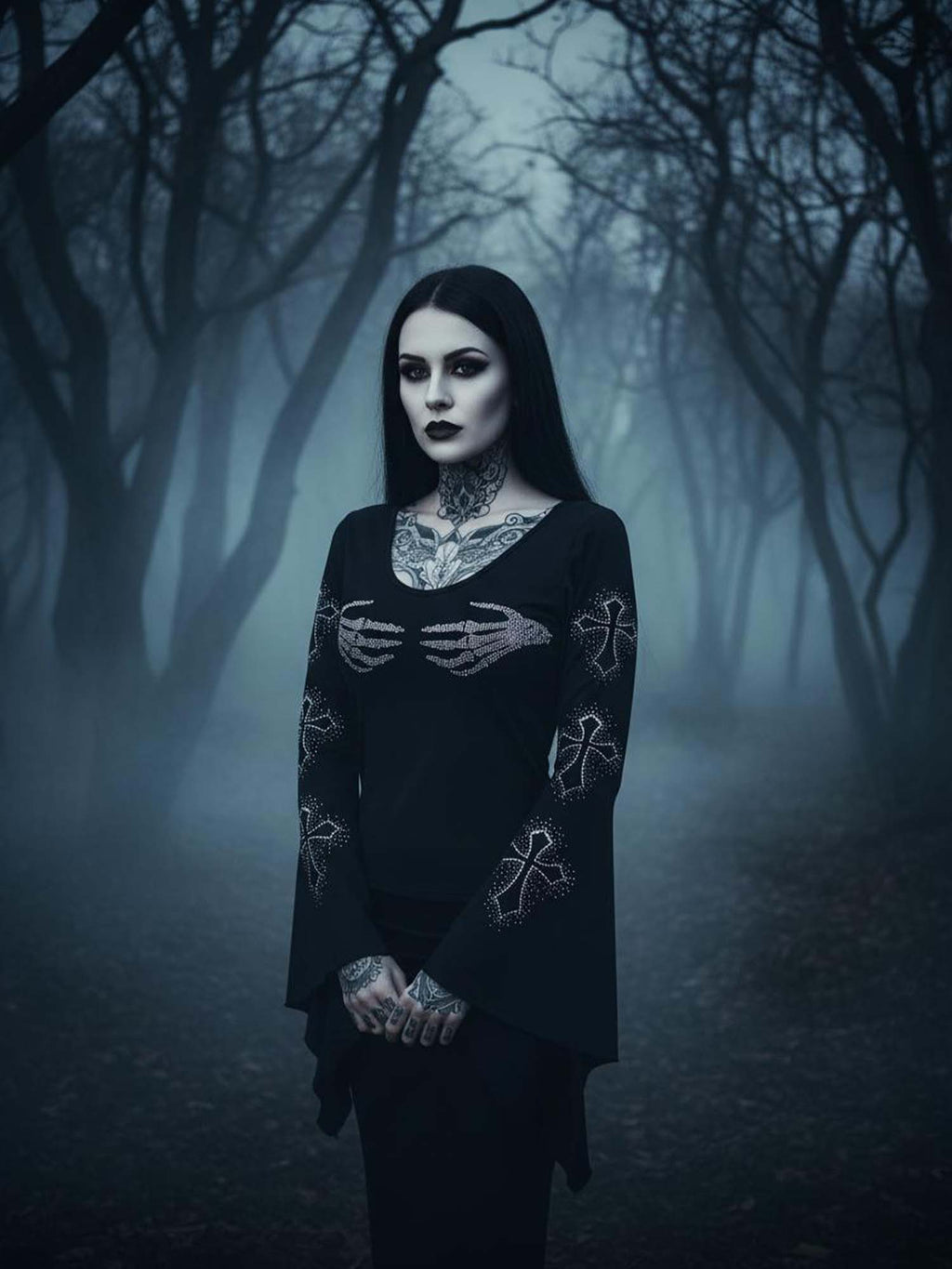 Skeleton Hand And Cross Print Batwing Shirt