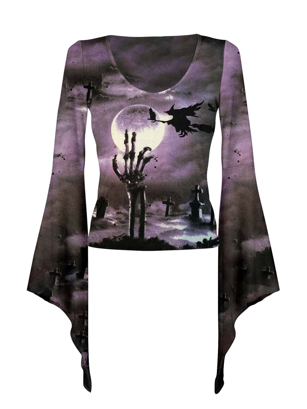 Witch Flying Over The Graveyard Print Batwing Shirt