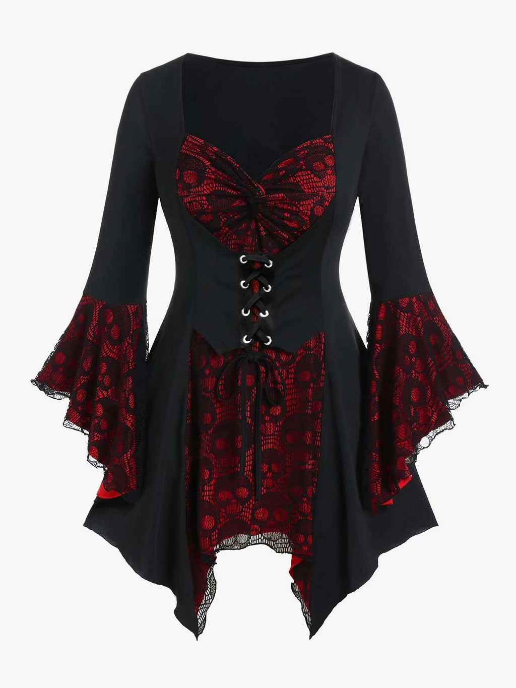 Halloween Lace Skull-Print Strappy Button-Up Bell-Sleeve Mini Dress