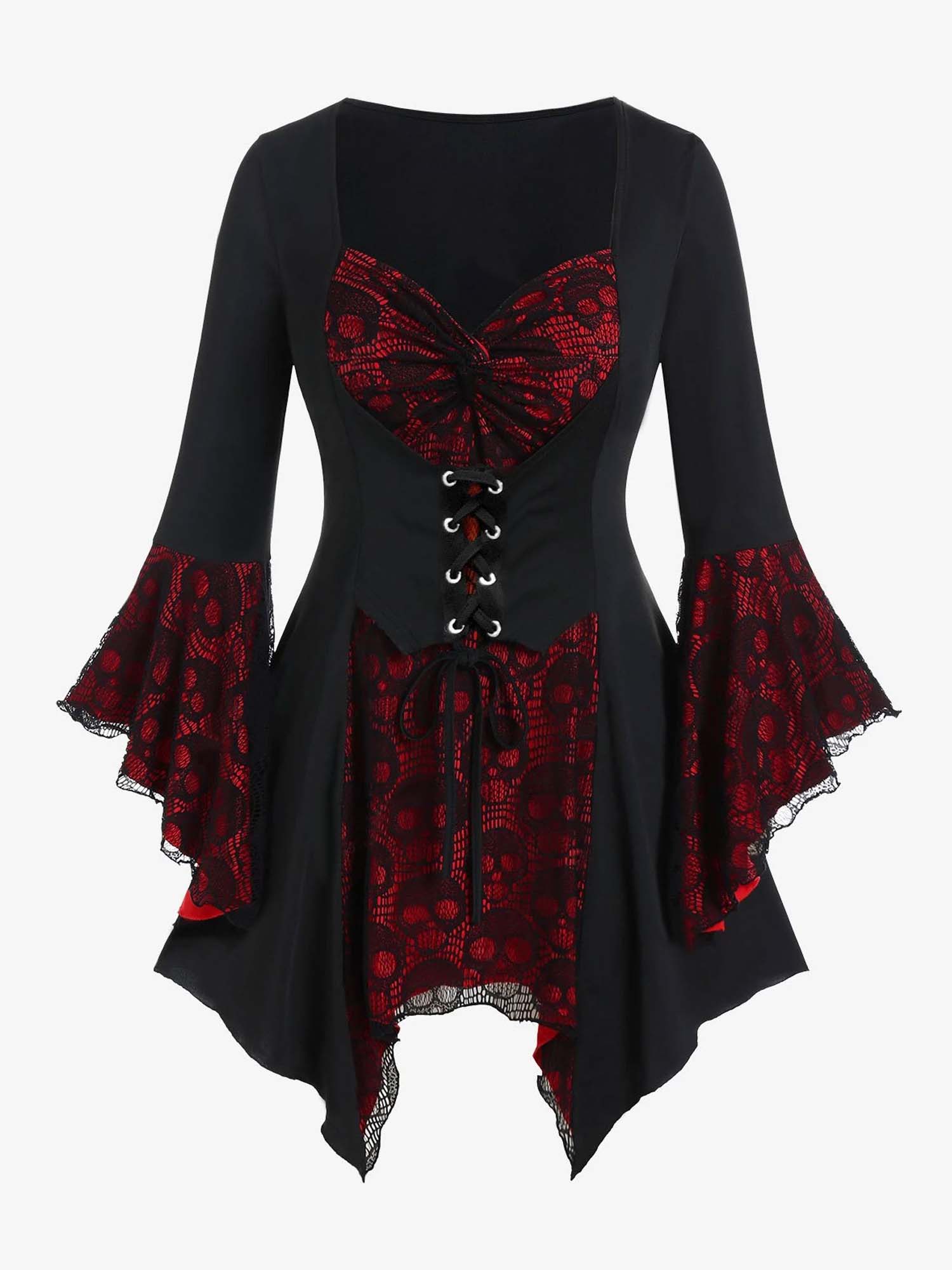 Halloween Lace Skull-Print Strappy Button-Up Bell-Sleeve Mini Dress
