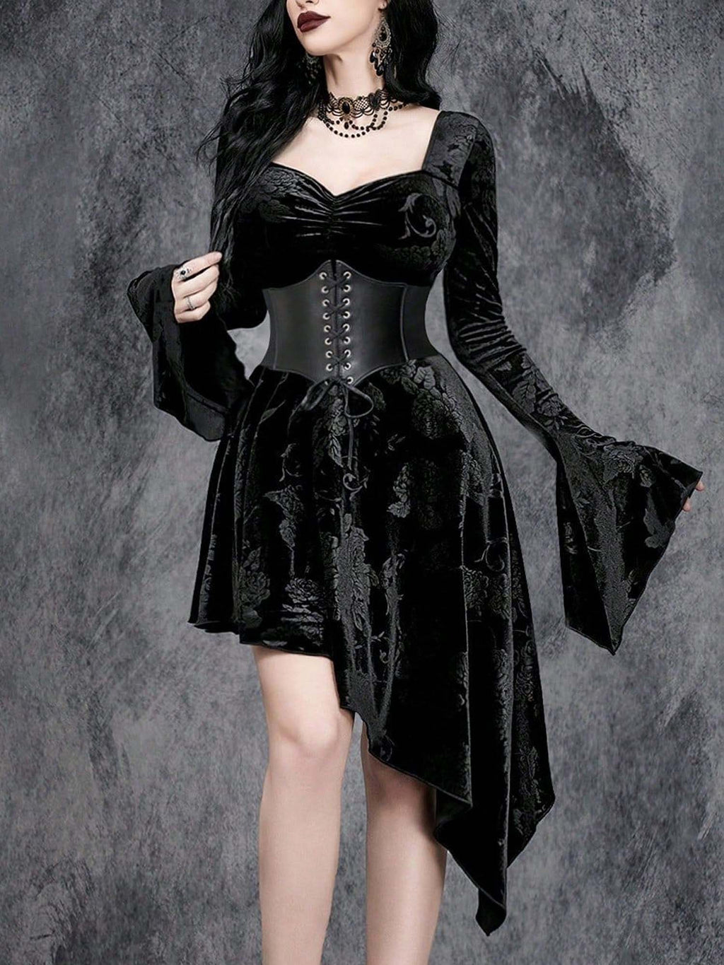Gothic Halloween Irregular V-Neck Trumpet Sleeve Dark Dress