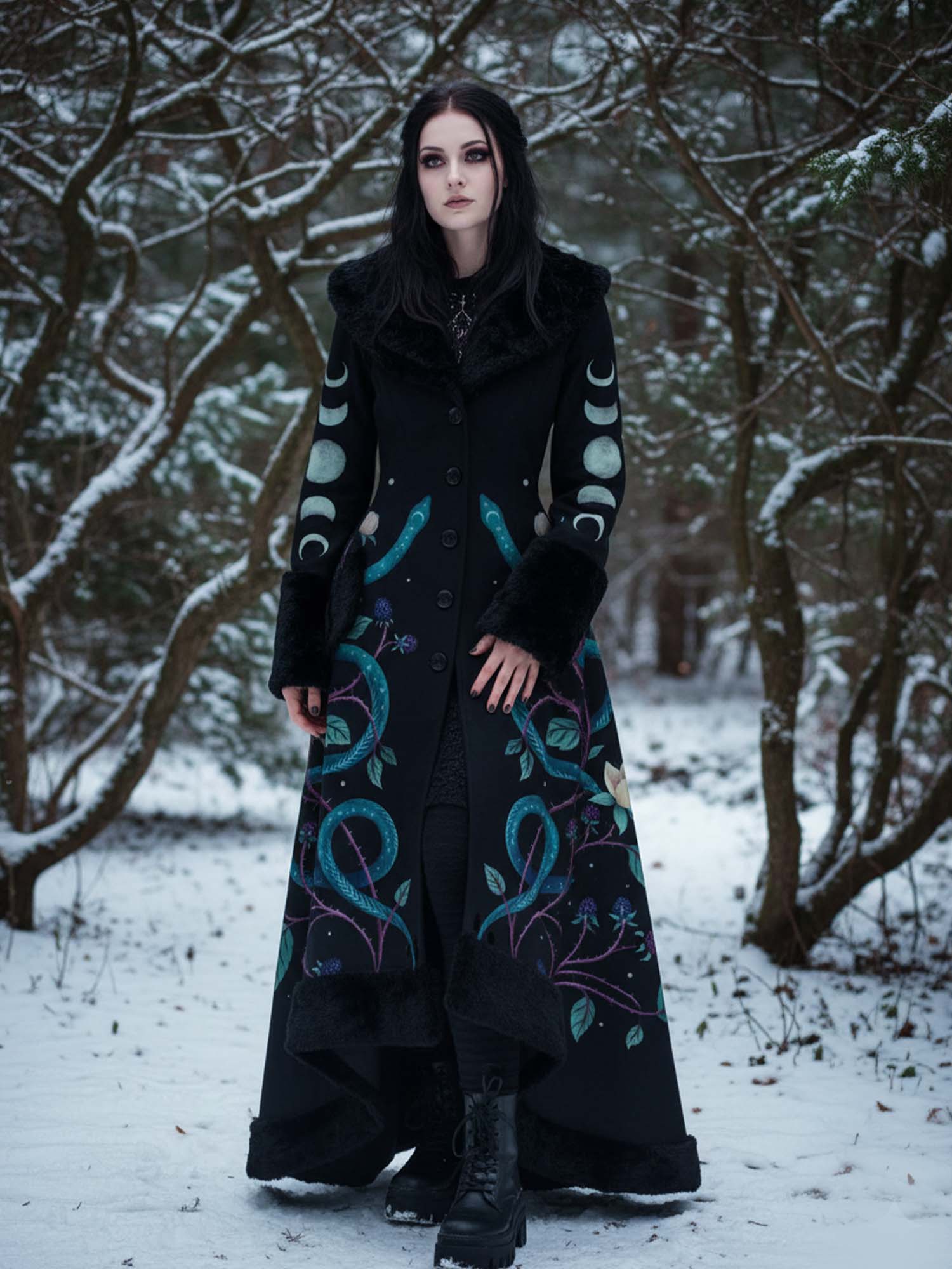 Vintage Snake And Moon Print Gothic Vintage Fur Collar Single-Breasted Lace-Up Coat