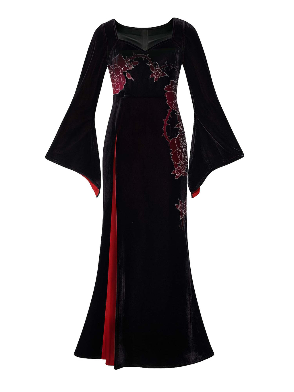 Maxikleid mit Fledermausärmeln und dunklem Rosendruck