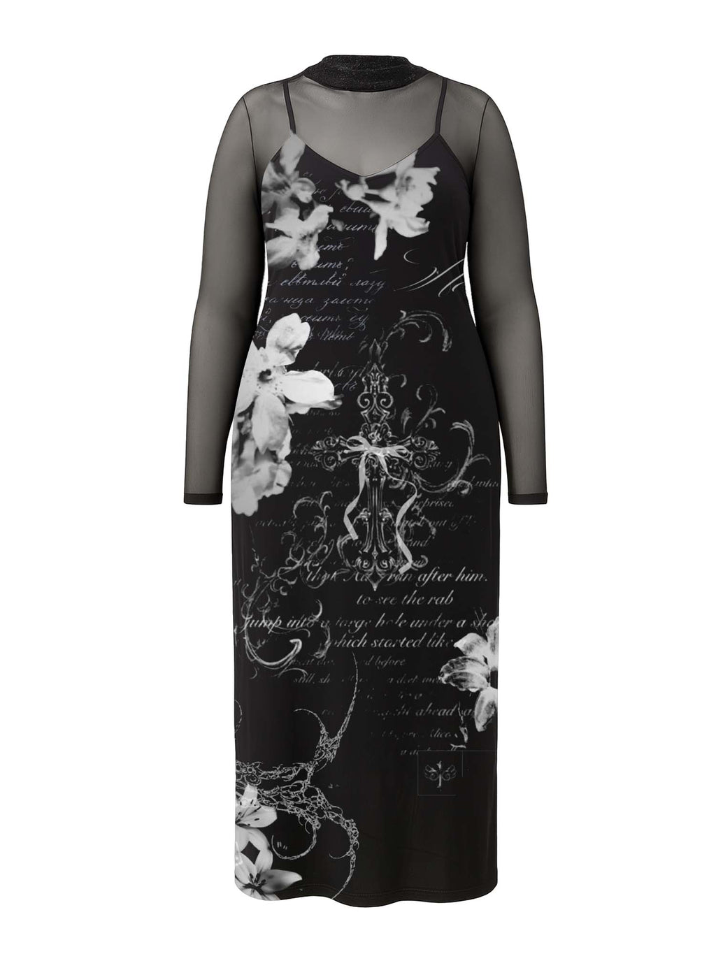 【Plus Size】Gothic Cross And Flower Print Maxi Veilbound Dress
