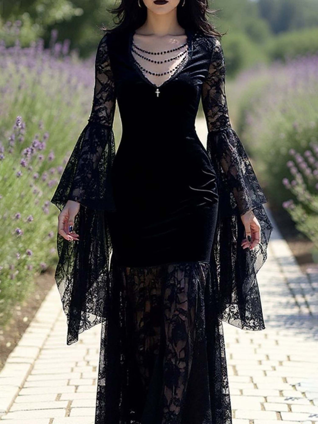 Gothic Cross Batwing Sleeve Lace Panel Velvet Dress
