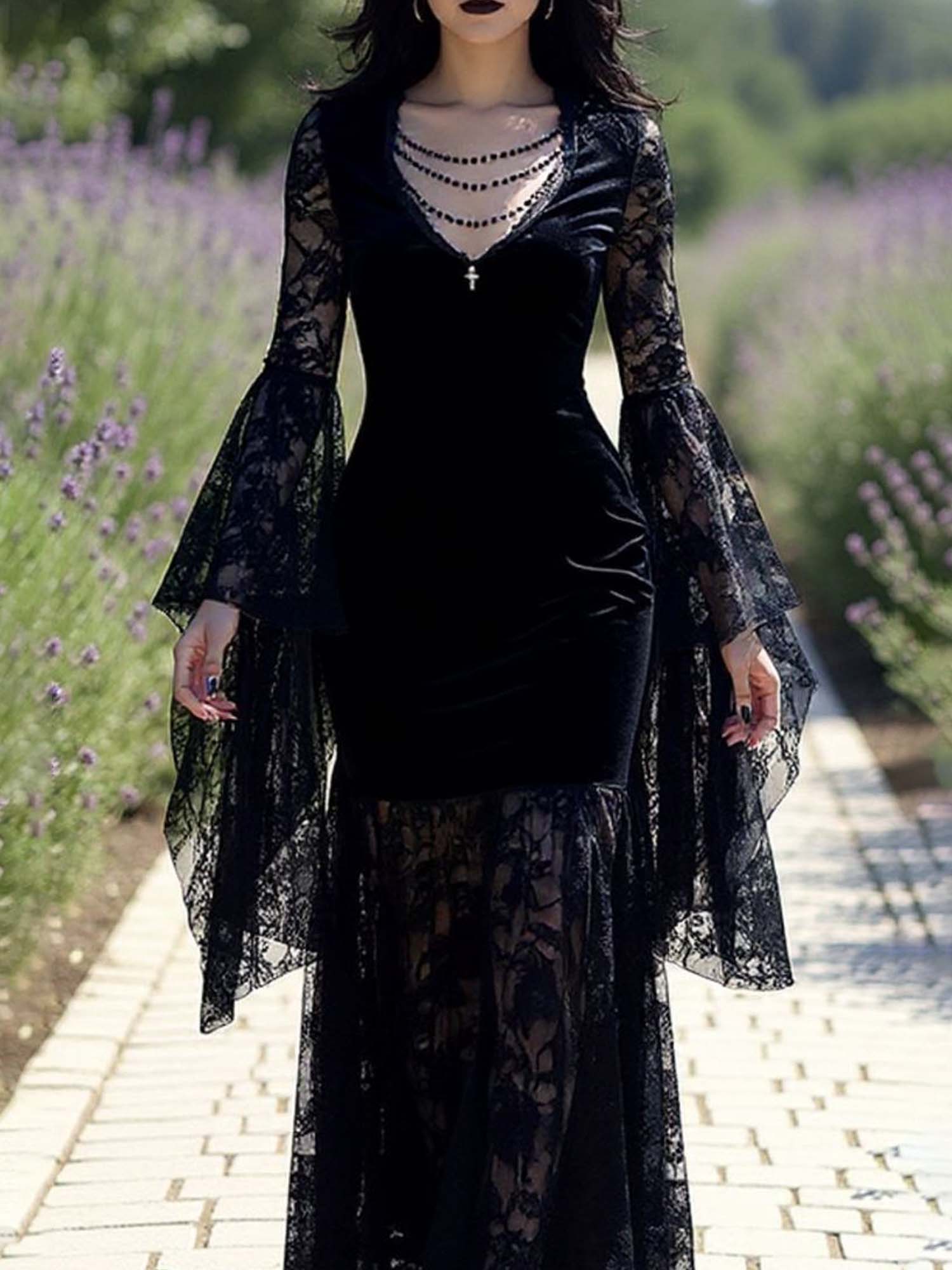 Gothic Cross Batwing Sleeve Lace Panel Velvet Dress