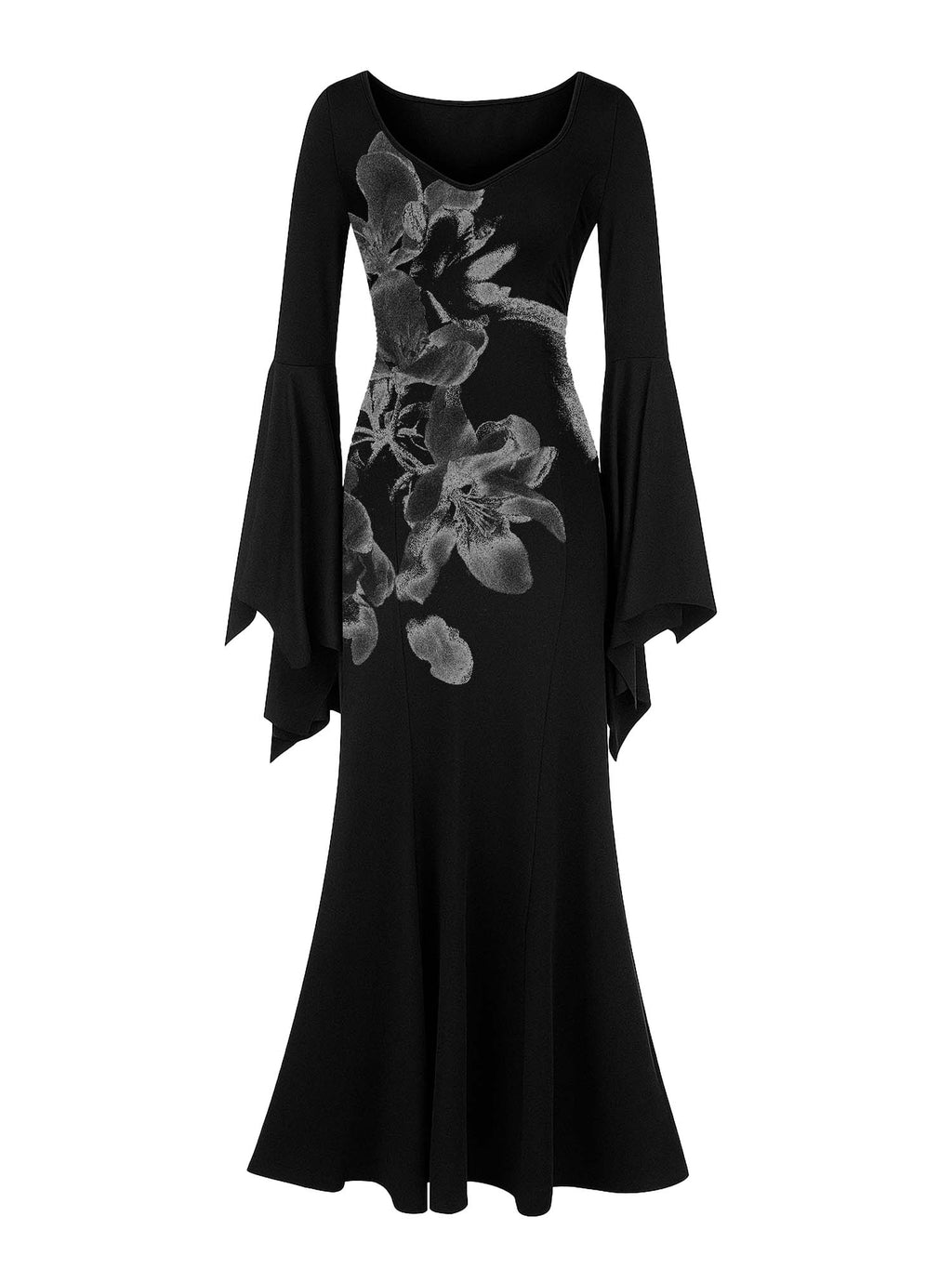 Gothic Vintage Flower Print Batwing Maxi Dress