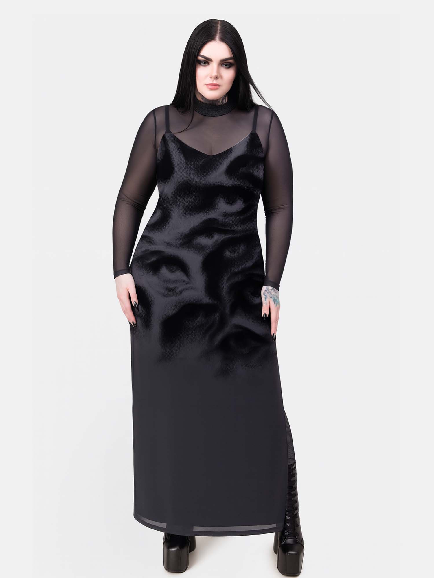 【Plus Size】Eyes In The Dark Print Maxi Veilbound Dress