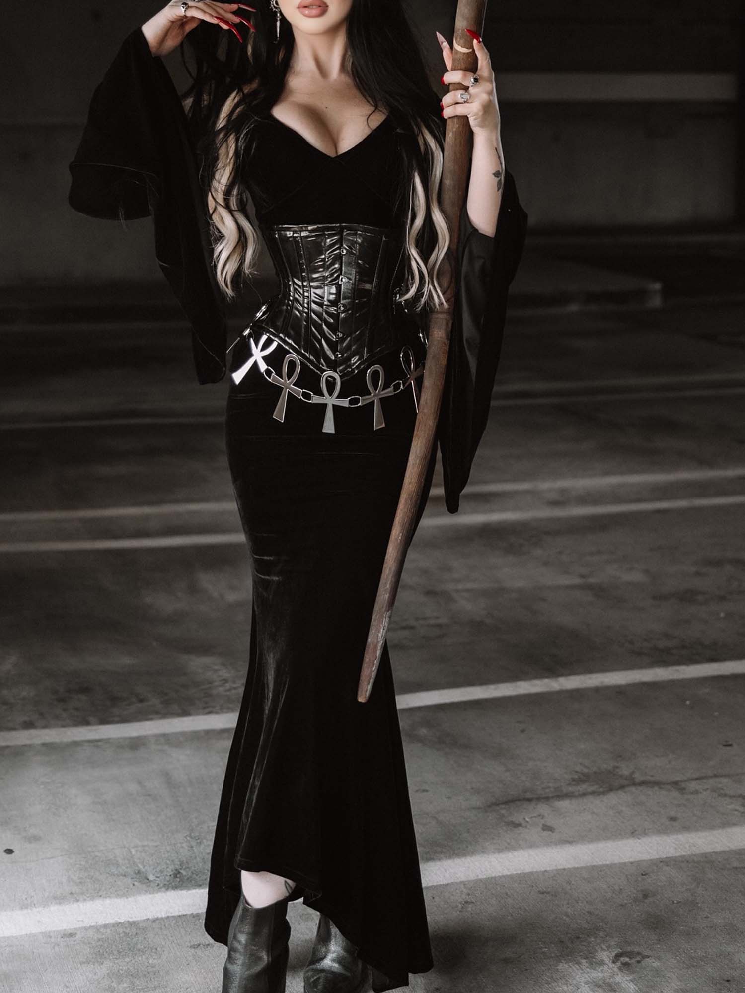 Gothic Dark V-Neck Black Velvet Dress