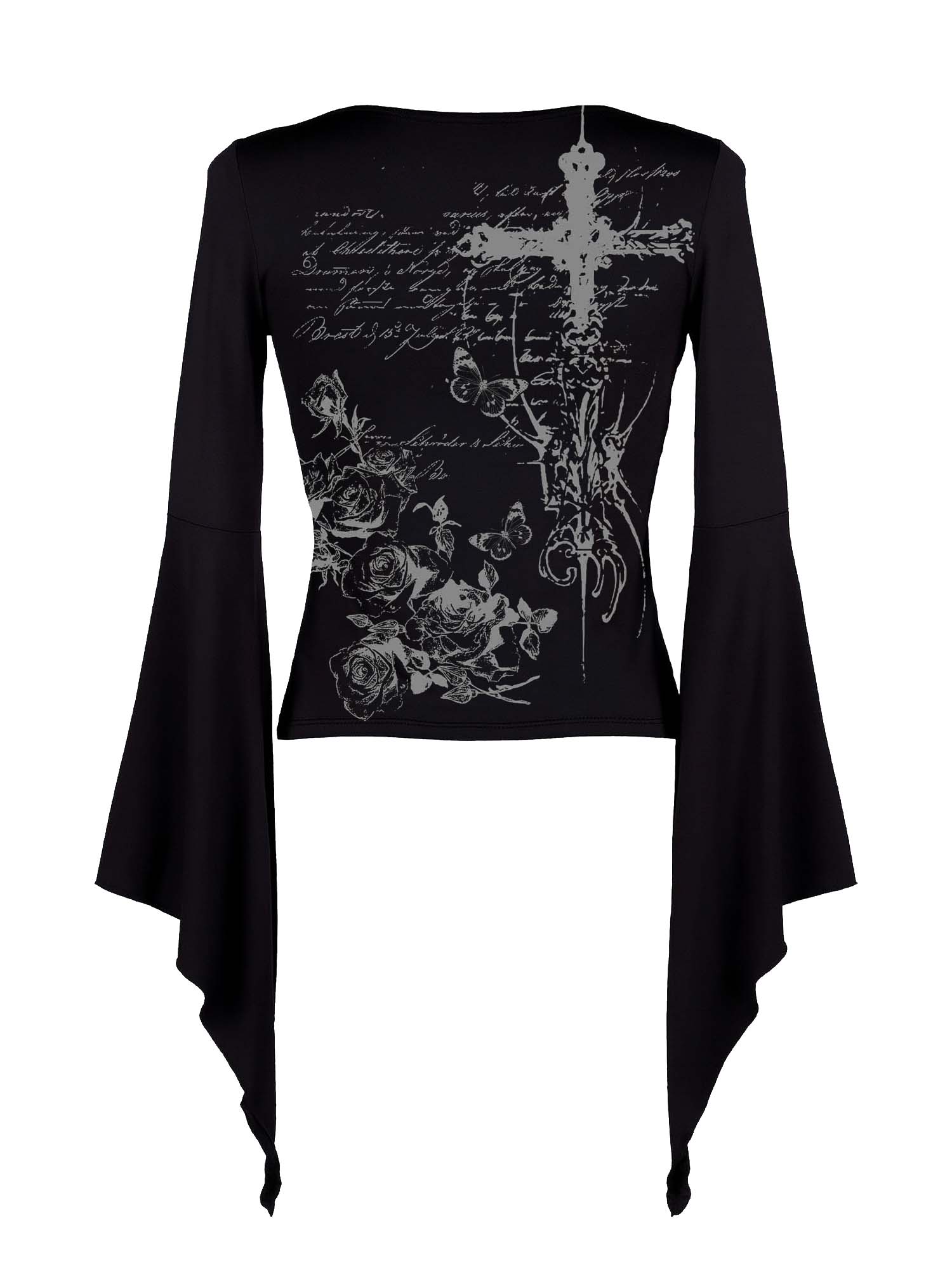 Cross And Rose Print Batwing Shirt