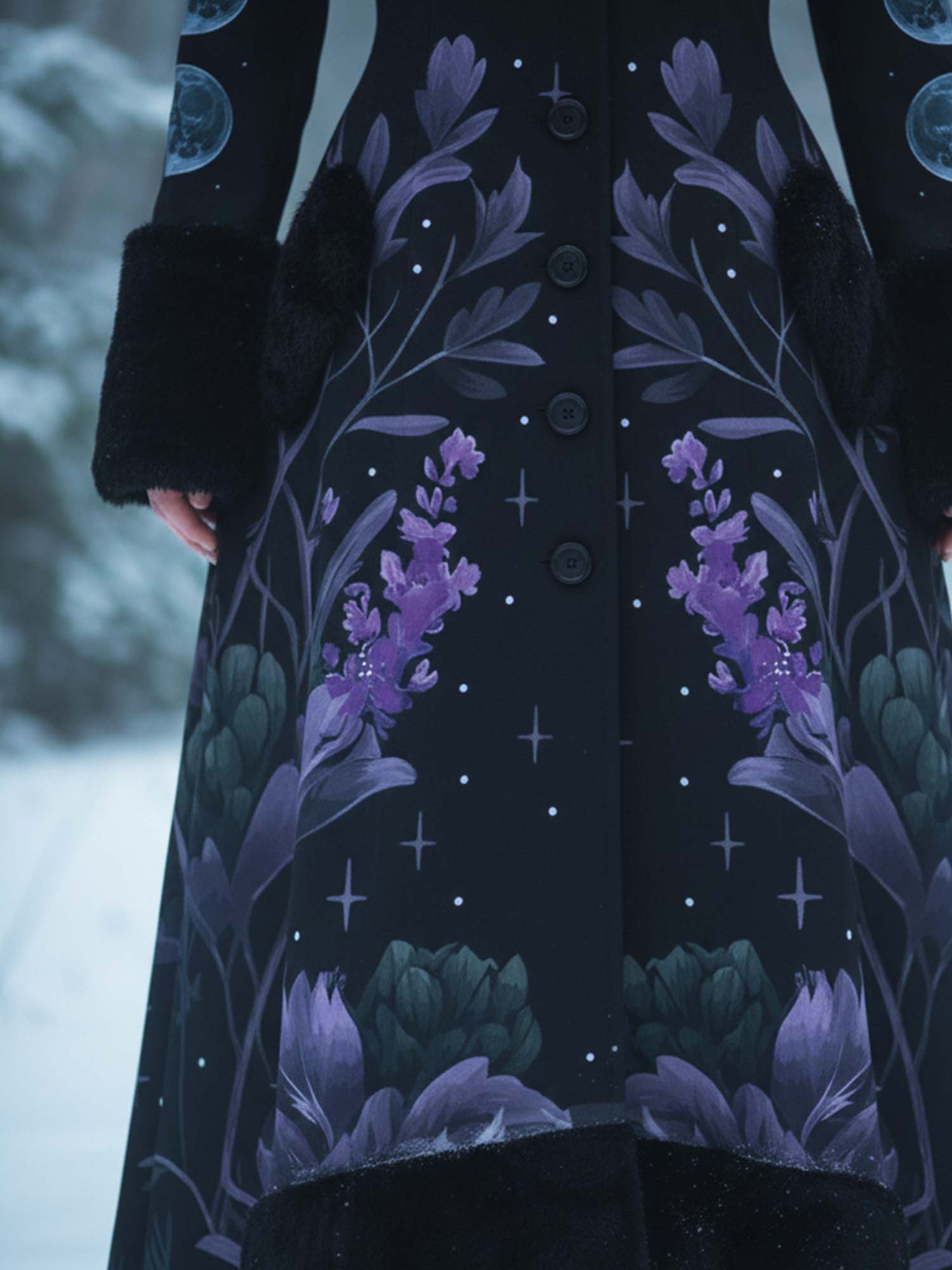 Vintage Floral And Moon Print Gothic Vintage Fur Collar Single-Breasted Lace-Up Coat