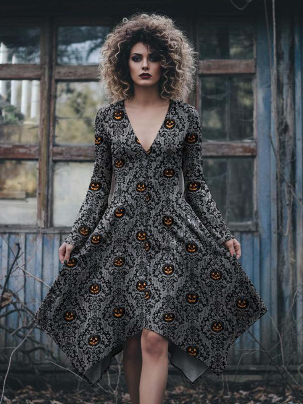 Pumpkins On Halloween Night Print Midi Moonveil Dress