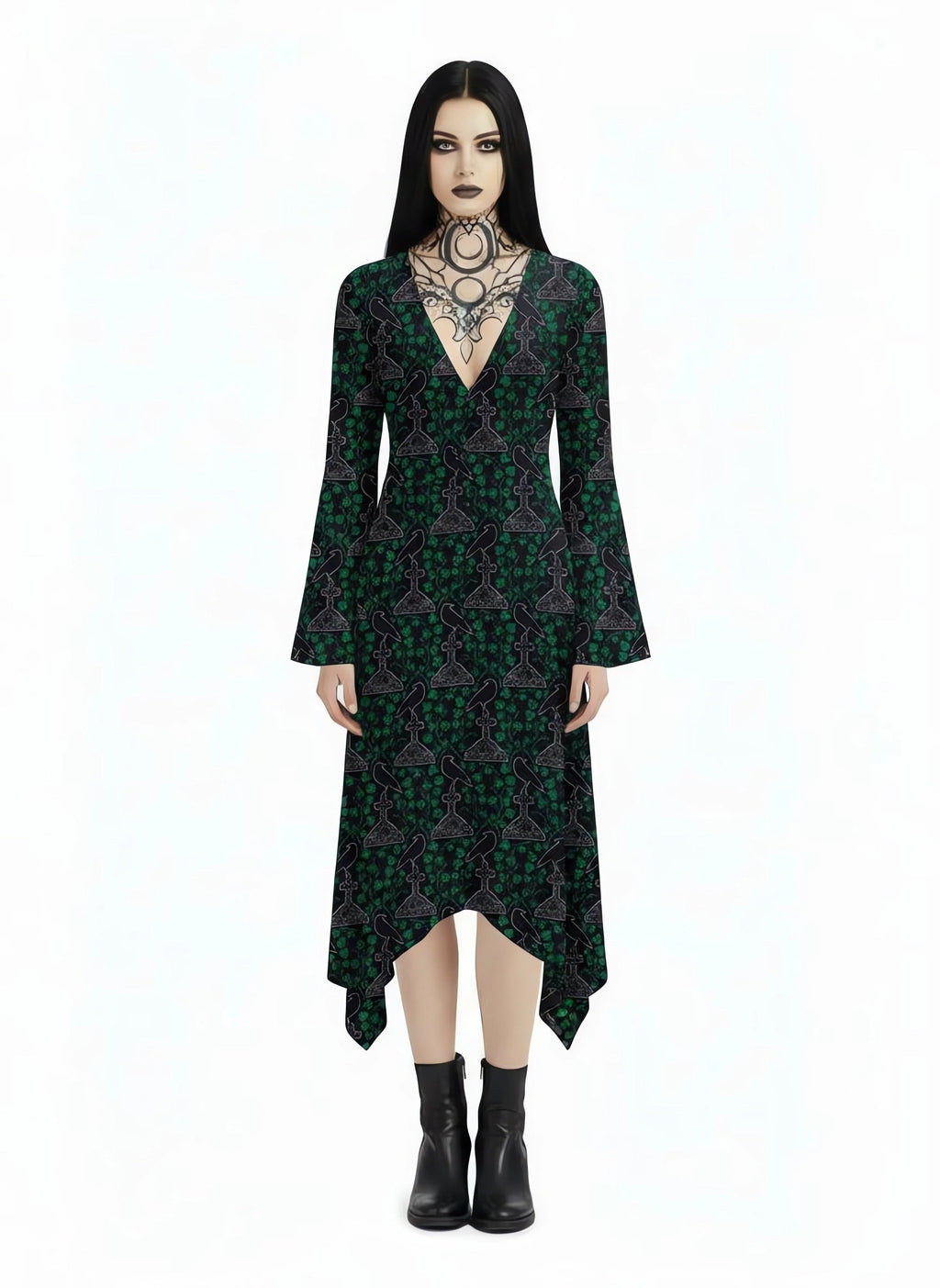 Crow On A Tombstone Print Midi Moonveil Dress