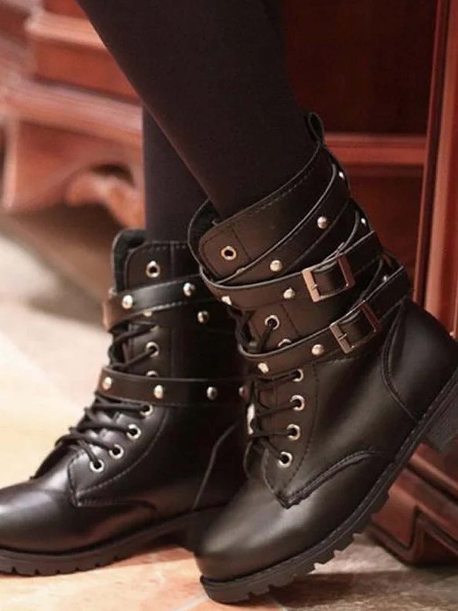 Women Motorcycle Boots Mid-Calf Lace Up Combat Boots With Studde