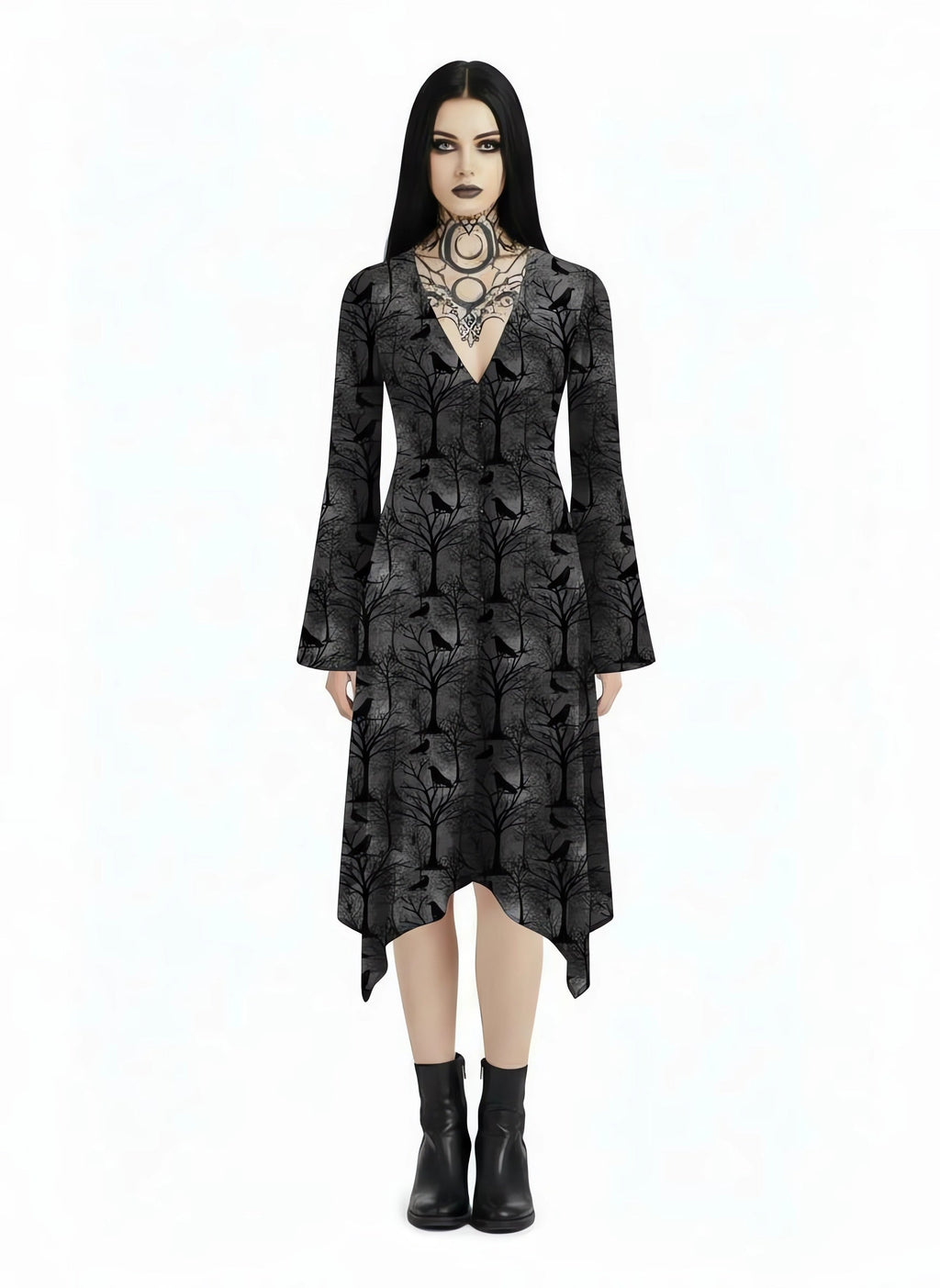 Crow On A Branch Print Midi Moonveil Dress