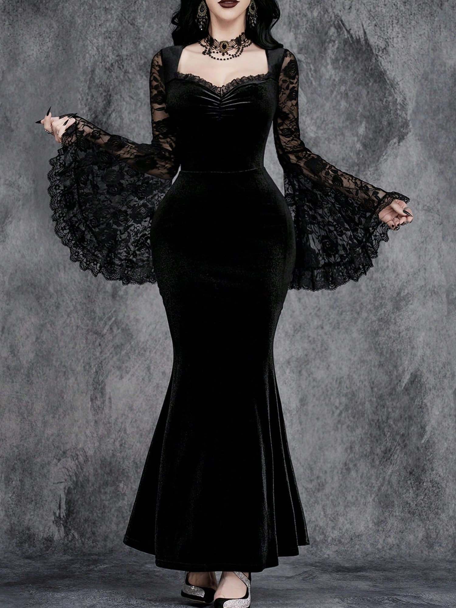 Halloween Gothic Lace Patchwork Waist Bell Sleeve Dress