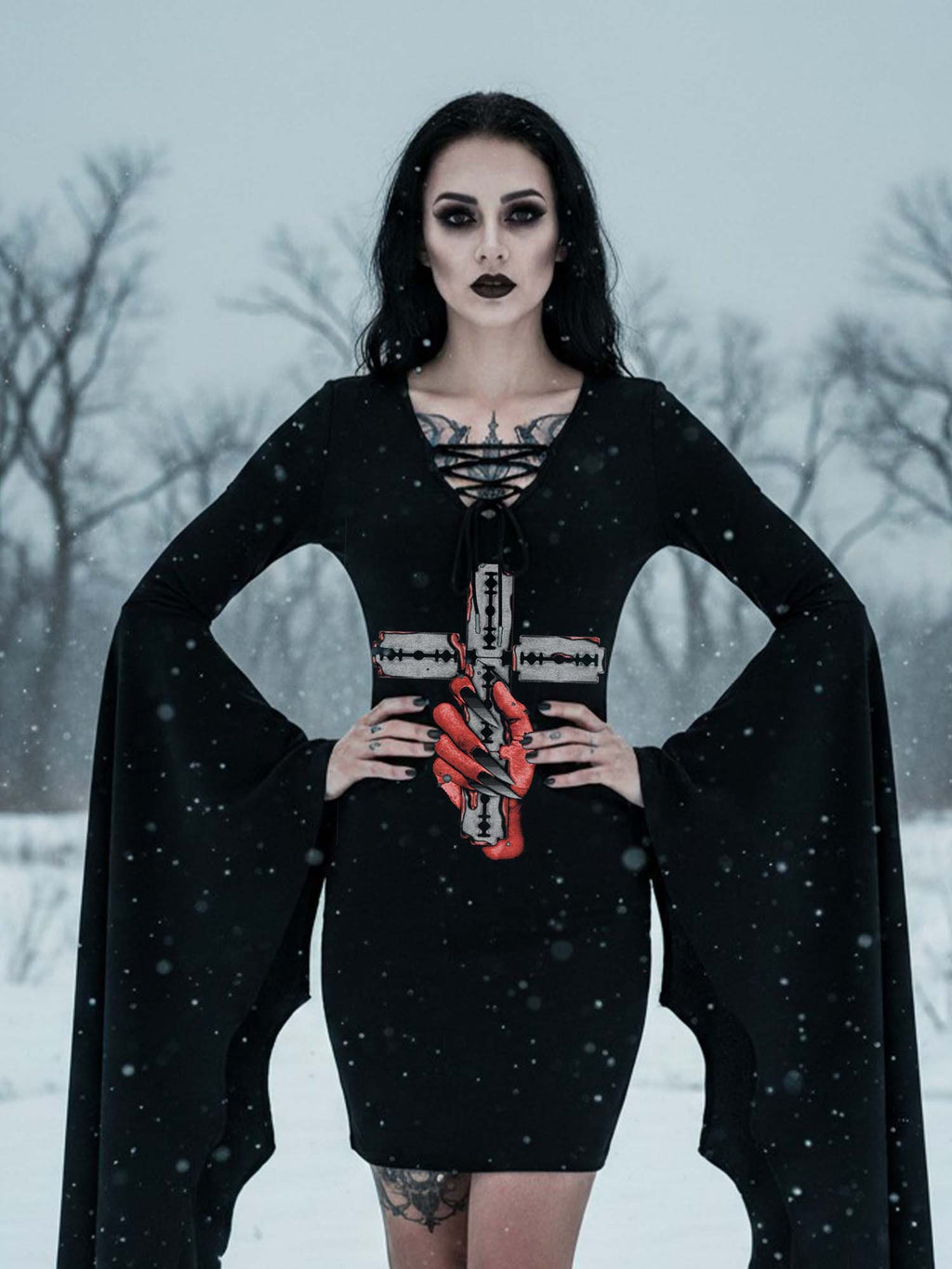 Devil's Hand and Blade Cross Print Batwing Dress