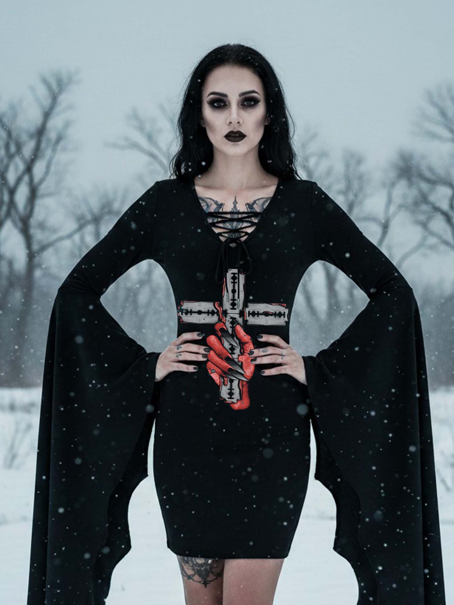 Devil's Hand and Blade Cross Print Batwing Dress
