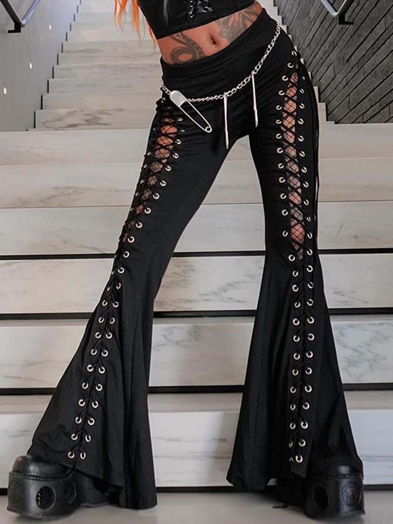 Dark Gothic Trendy Lace-Up Flared Pants