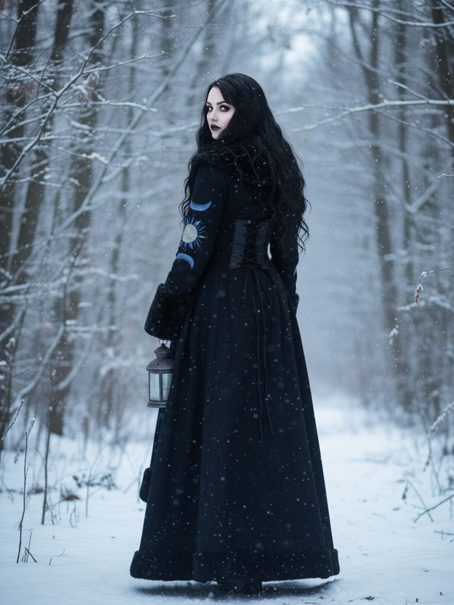 Vintage Floral And Moon Print Gothic Vintage Fur Collar Single-Breasted Lace-Up Coat