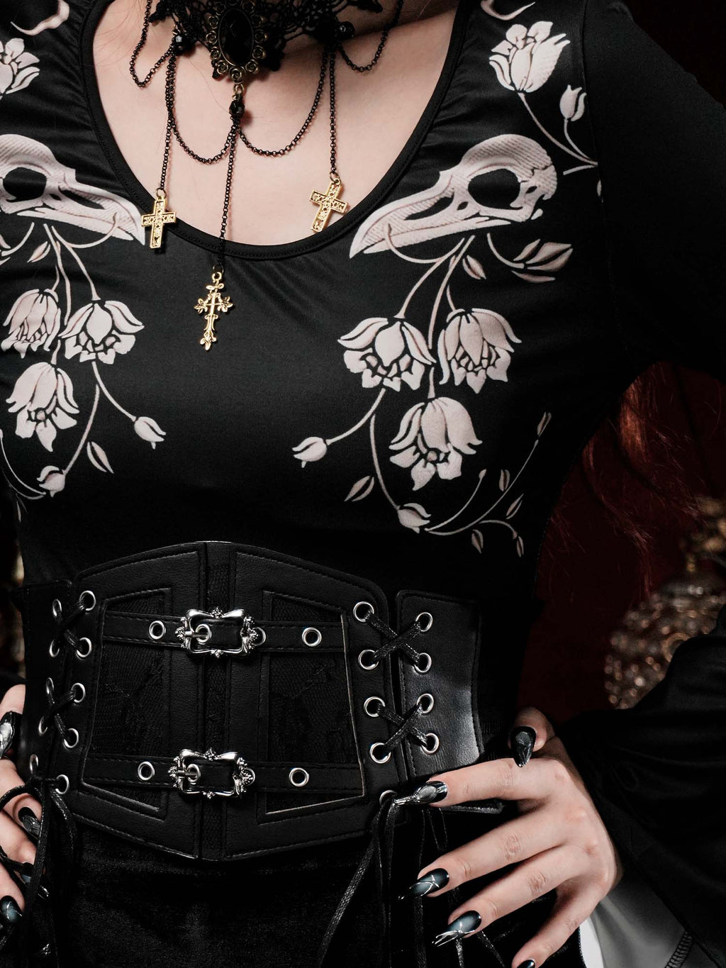 Crow Skull Print Batwing Shirt