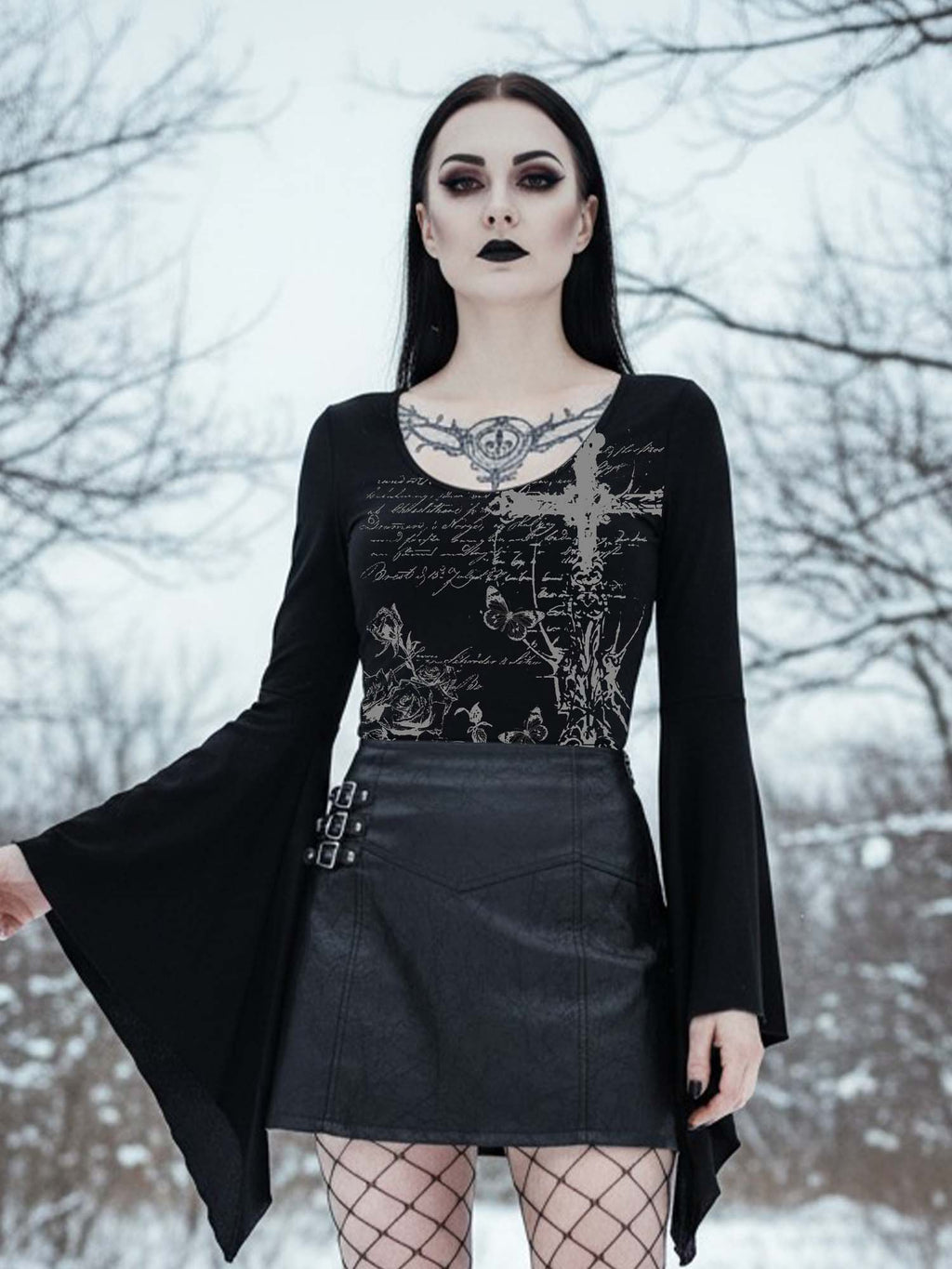 Cross And Rose Print Batwing Shirt