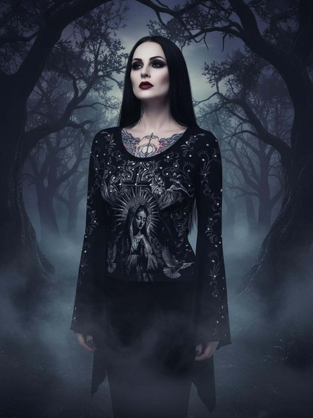 Our Lady of Sorrows And Cross Print Batwing Shirt