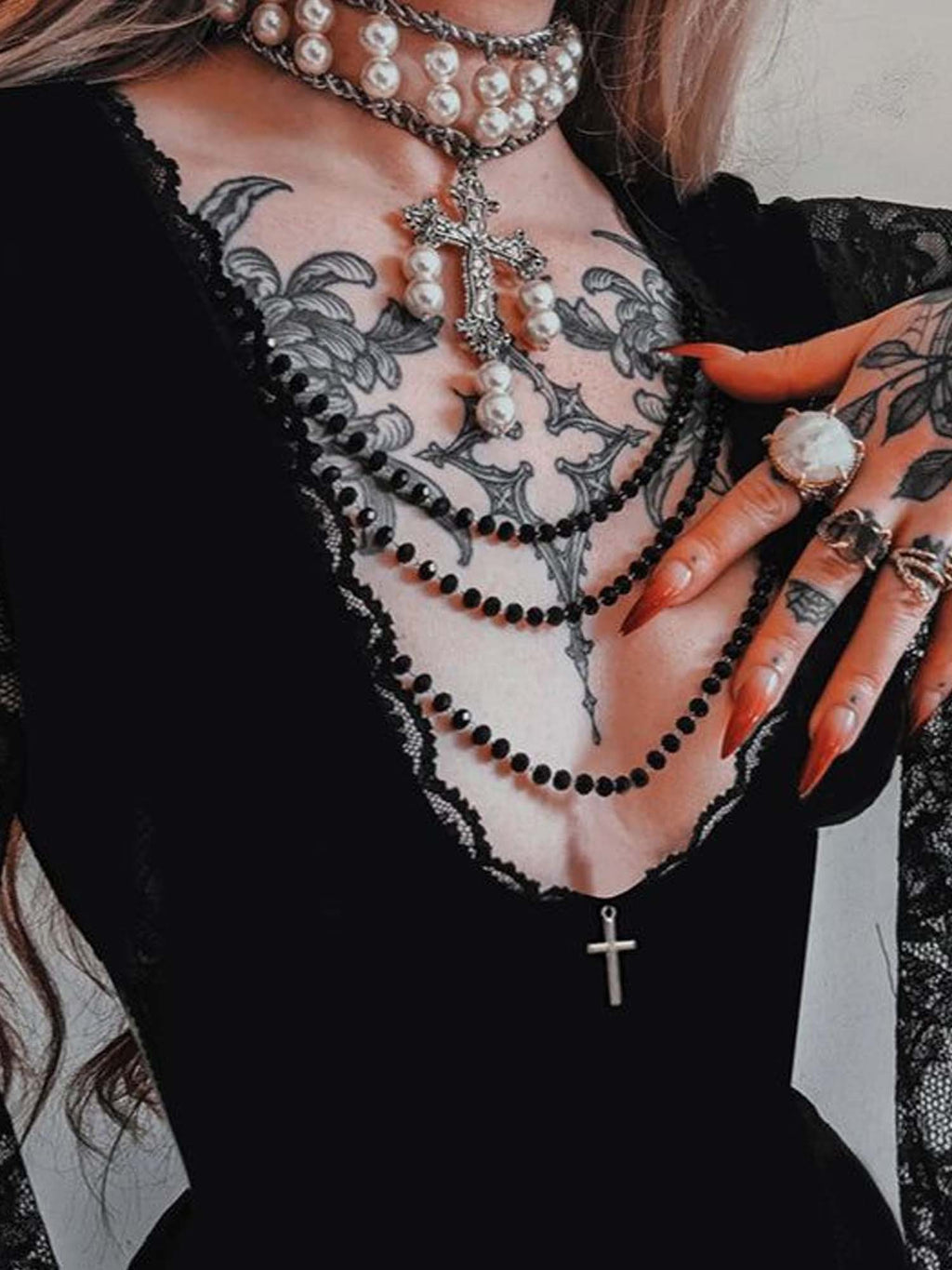 Gothic Cross Batwing Sleeve Lace Panel Velvet Dress