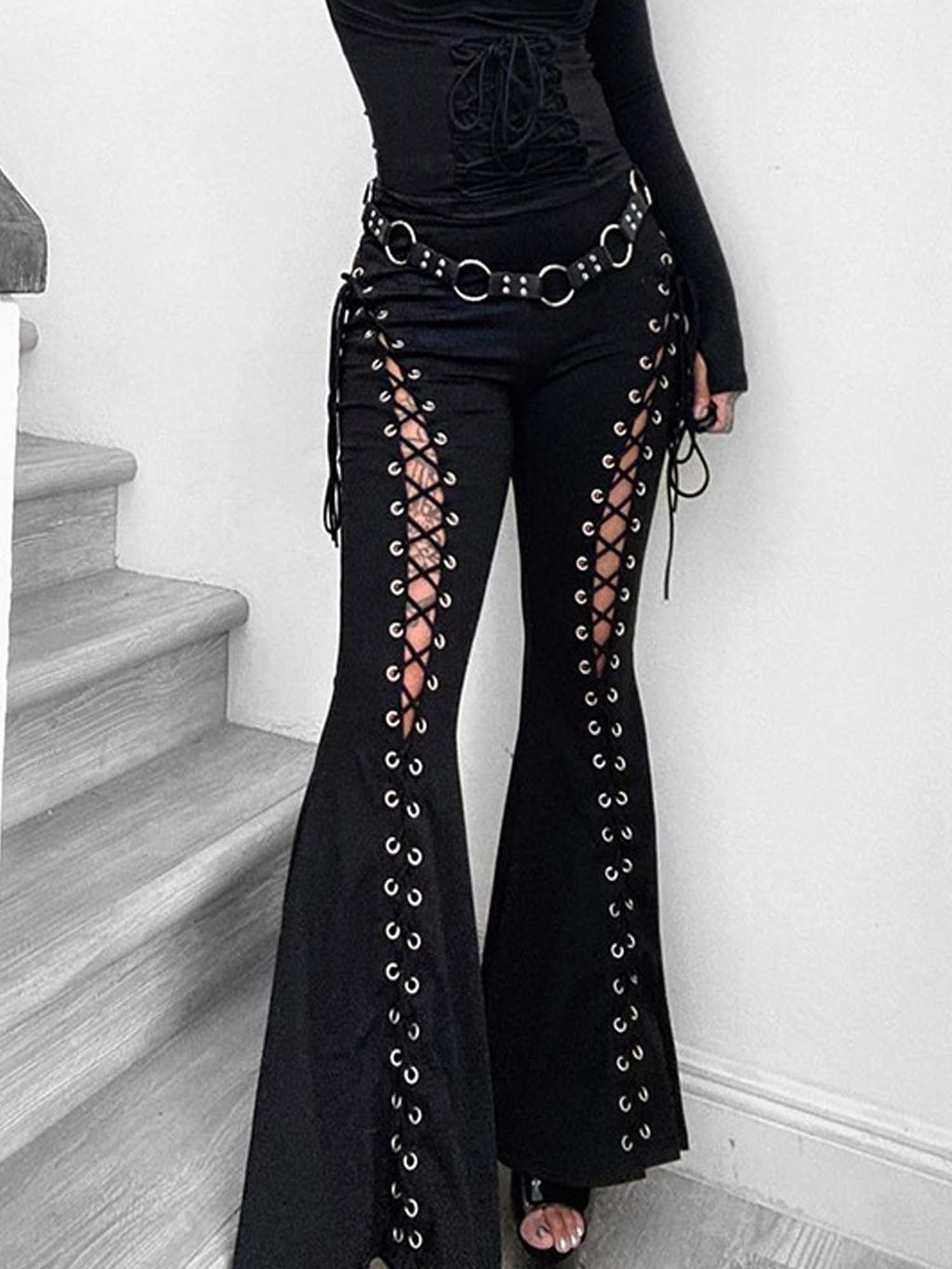 Dark Gothic Trendy Lace-Up Flared Pants
