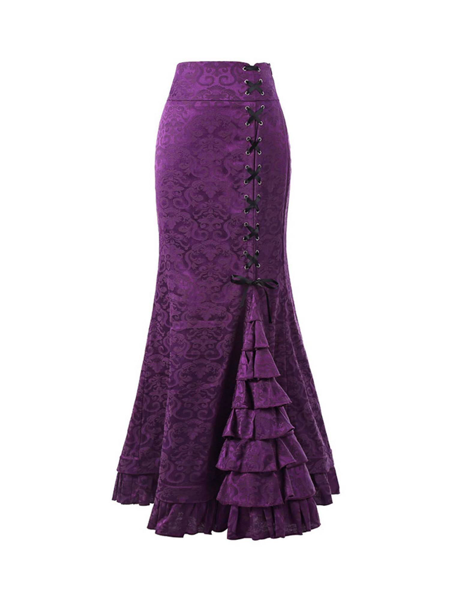 Langer Rock aus dunklem Jacquard im Gothic-Stil mit Schnürung und Hüft-Fischschwanz