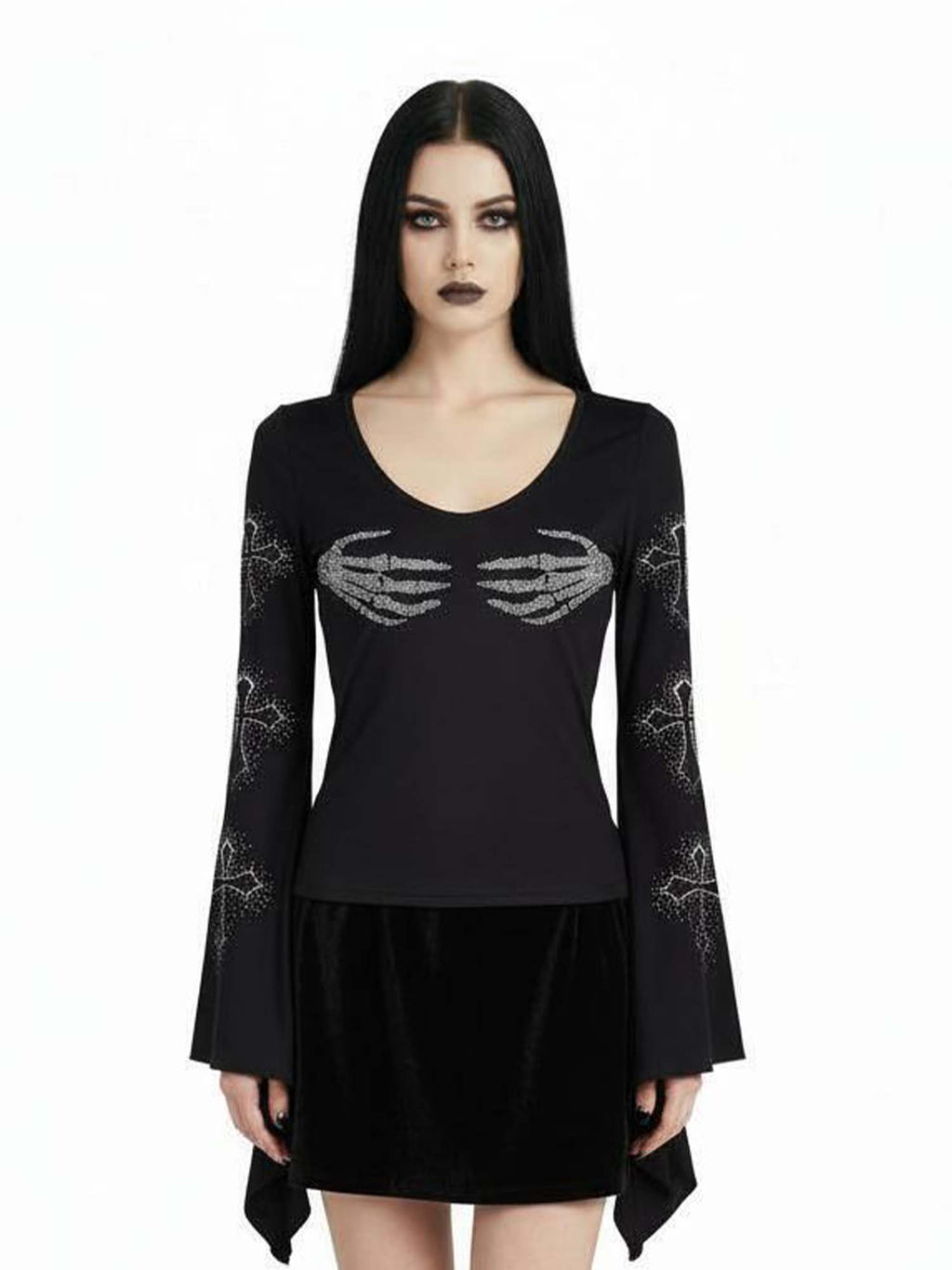 Skeleton Hand And Cross Print Batwing Shirt