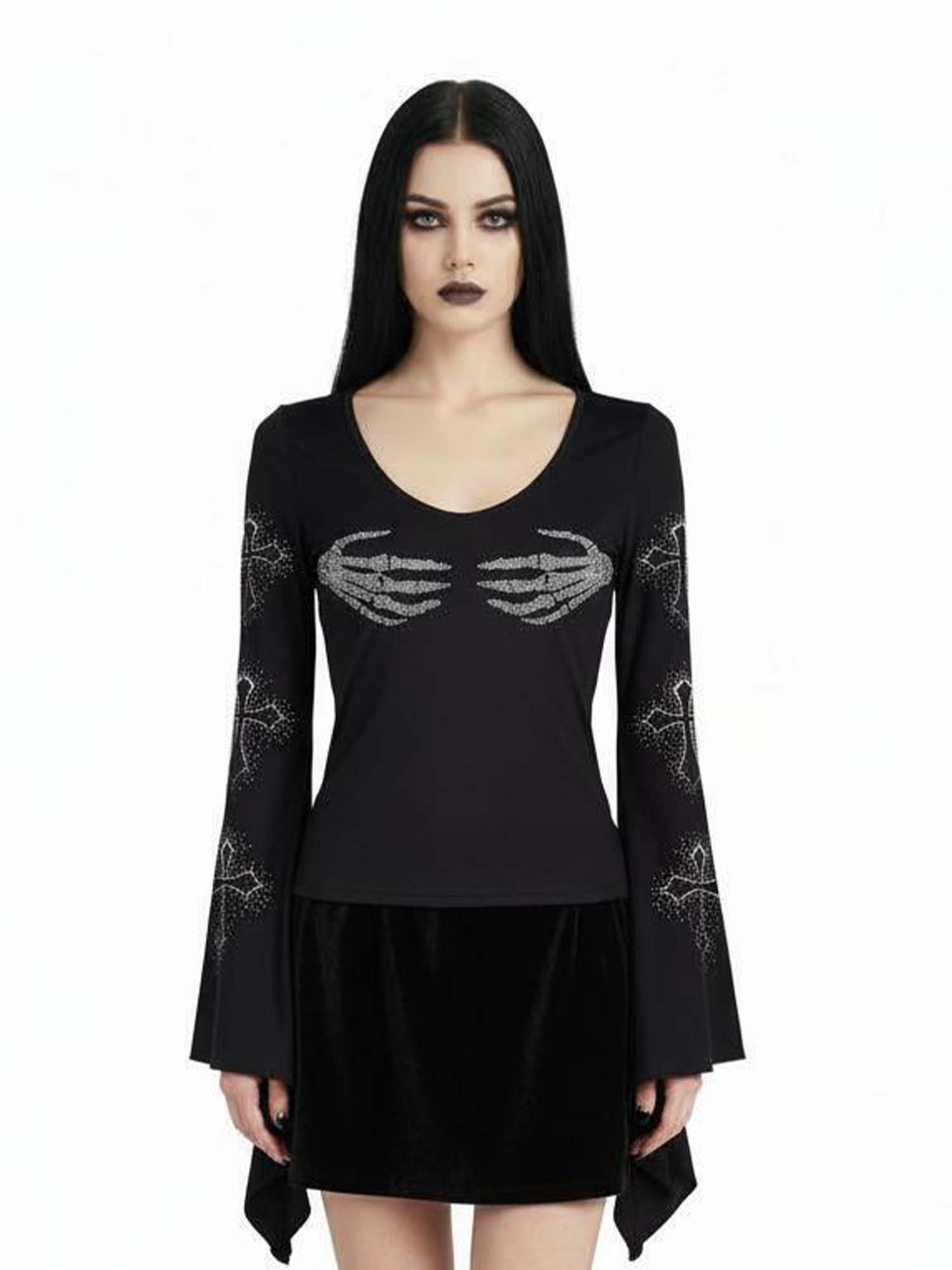 Skeleton Hand And Cross Print Batwing Shirt
